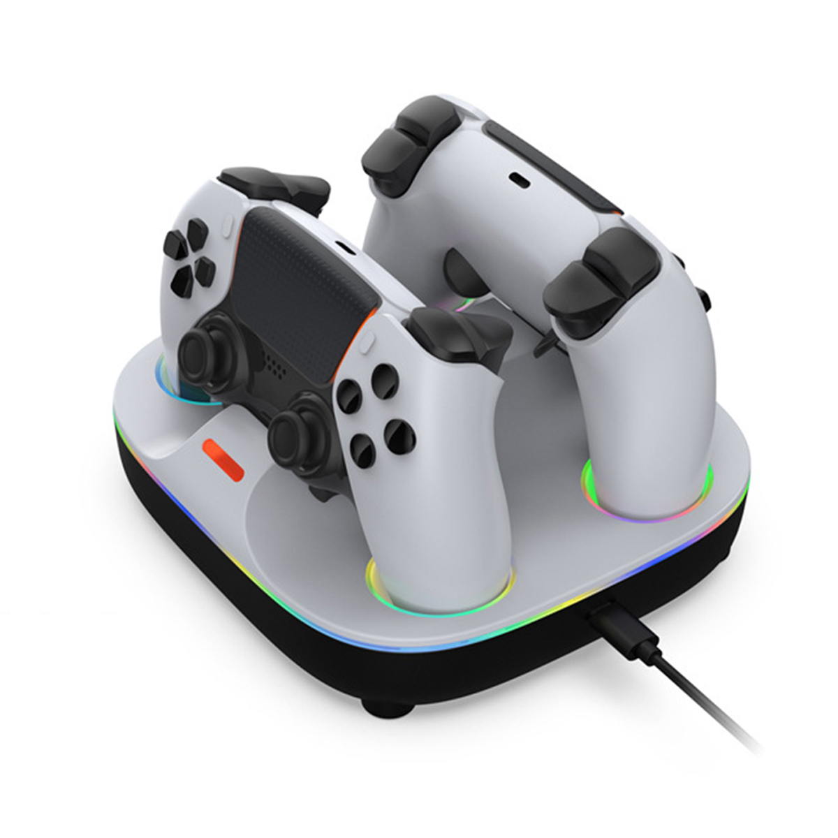 Weiße Gaming-Controller-Ladestation mit Controllern.
