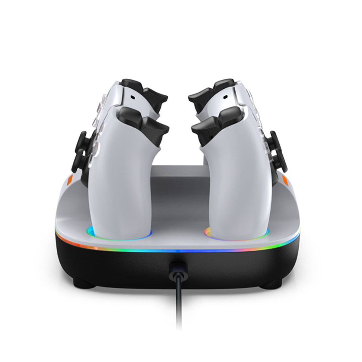 Weißes Gamepad-Ladegerät mit zwei Controllern. Hat RGB-Beleuchtung. Weißer Hintergrund.