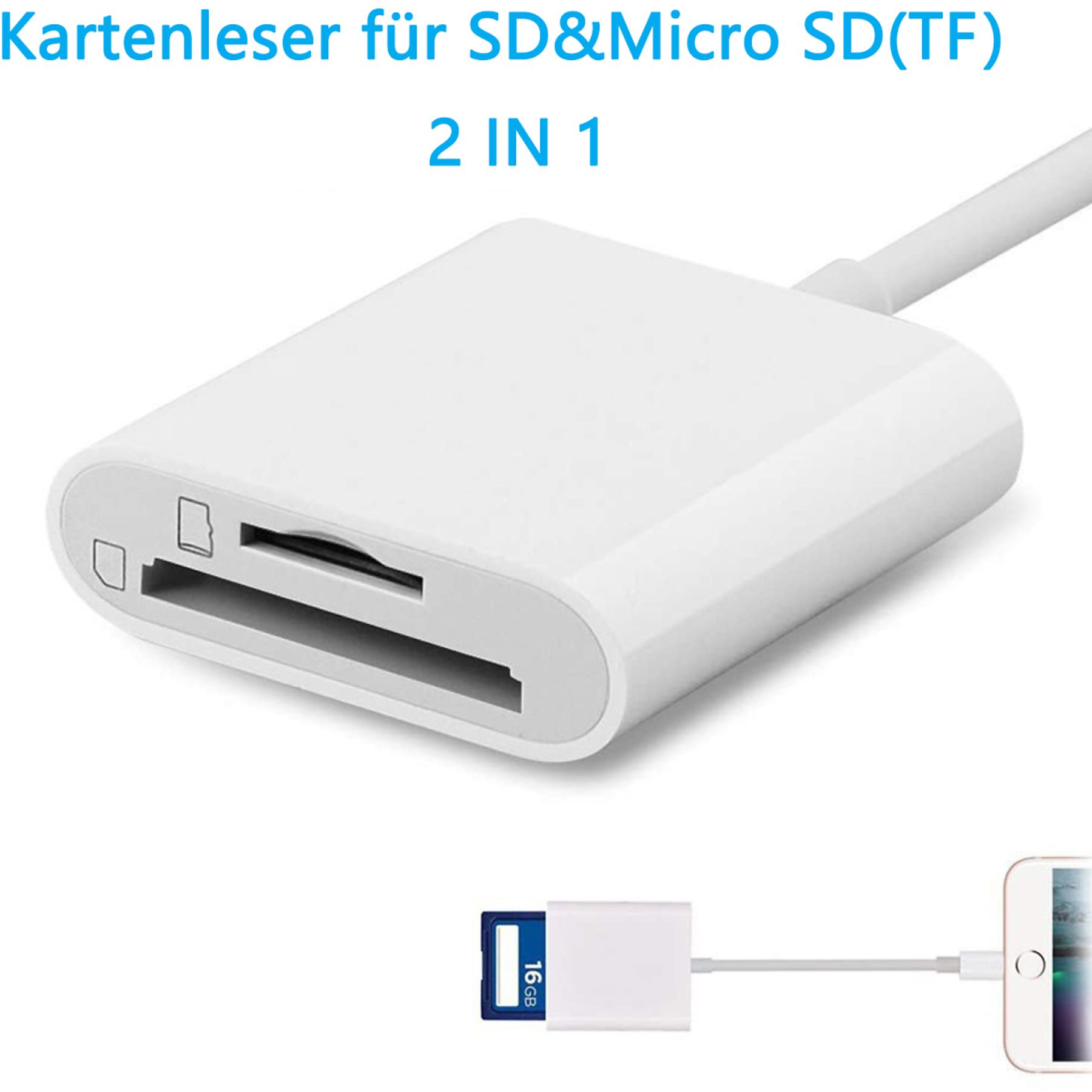 Weißer 2-in-1-Kartenleser für SD- und Micro-SD-Karten, an ein Telefon angeschlossen.