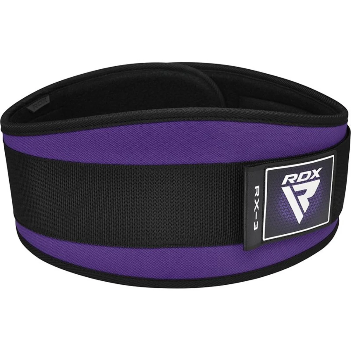 A purple and black weightlifting belt with the RDX logo.
