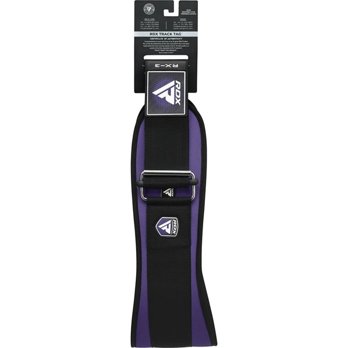 Black and purple RDX weightlifting belt with logo and tag.