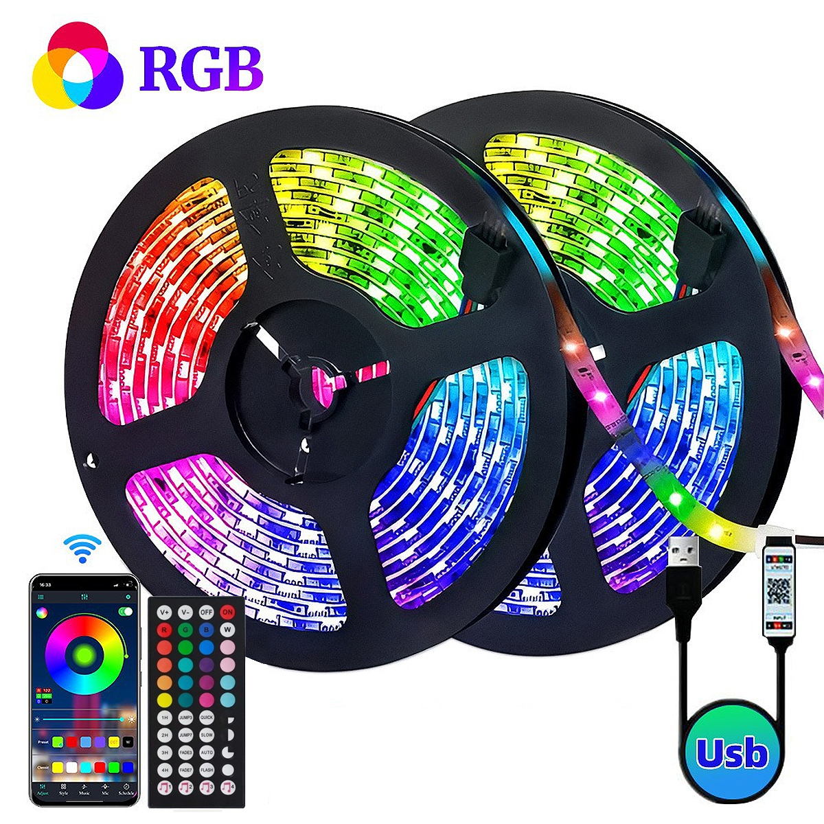 RGB-LED-Streifen auf einer Rolle. USB-Kabel und Controller gezeigt. Weißer Hintergrund.