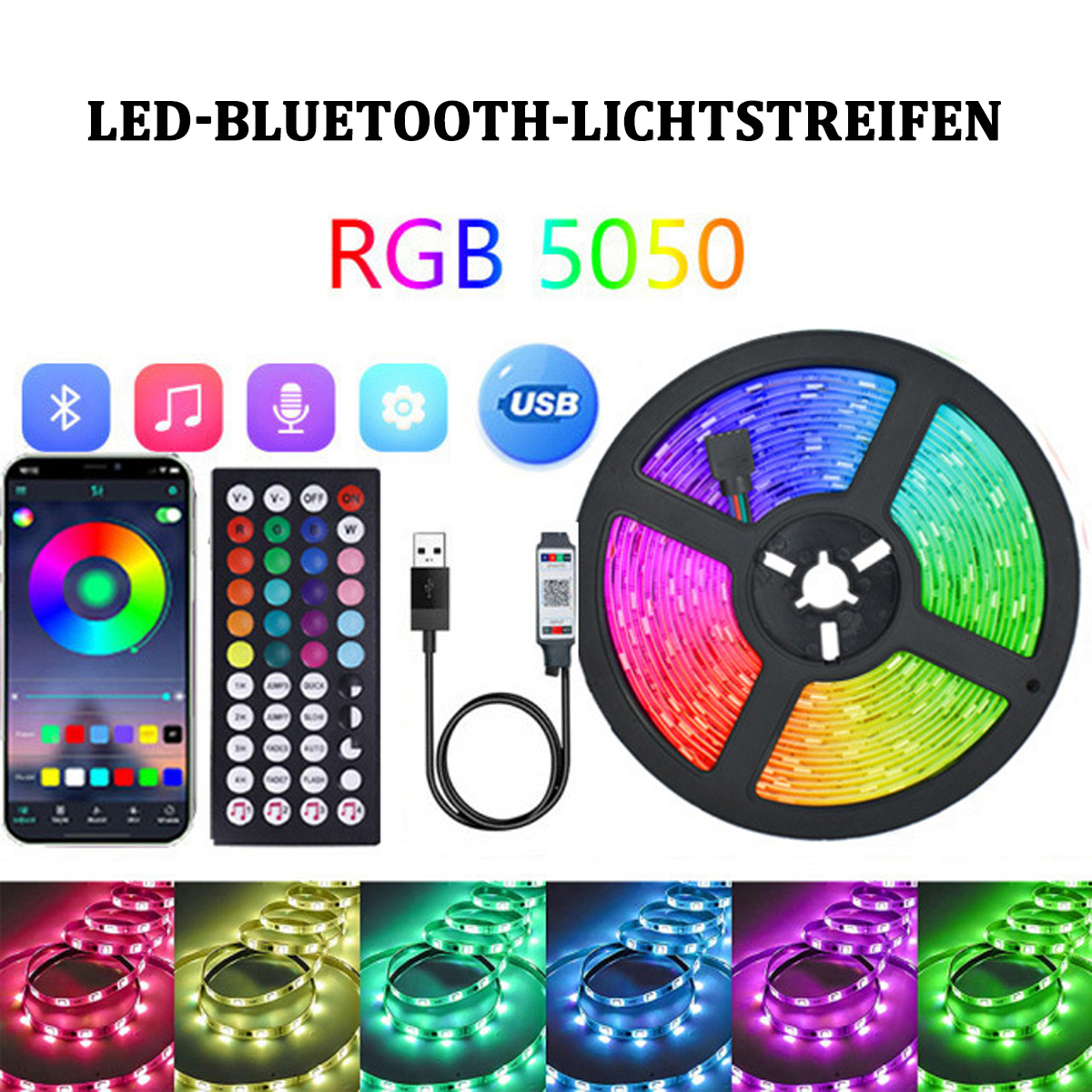 Eine Rolle RGB 5050 LED-Streifen mit Fernbedienung und USB-Kabel.