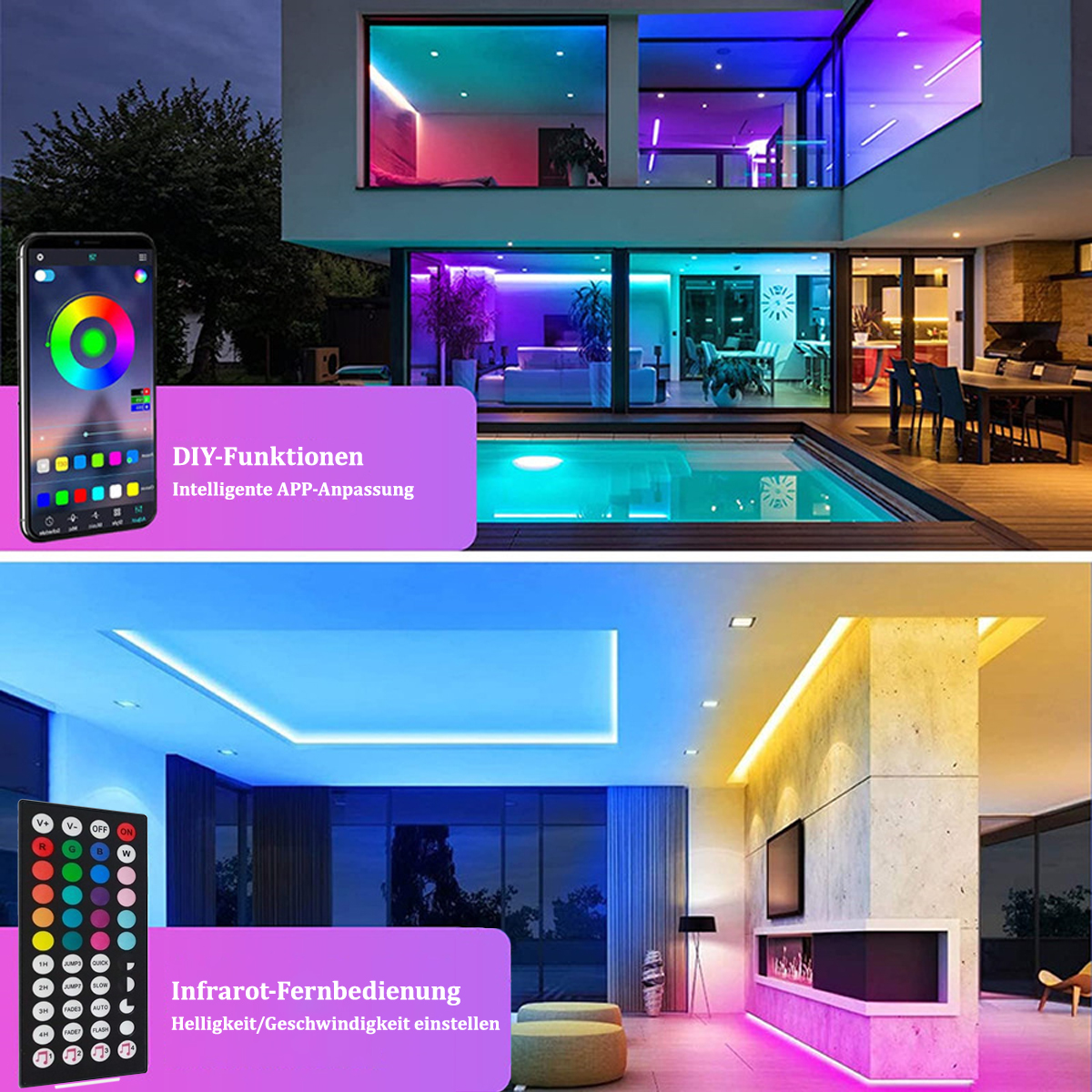 Smart-Home-Setup mit Smartphone zur Steuerung von LED-Leuchten in einem modernen Haus mit Pool.