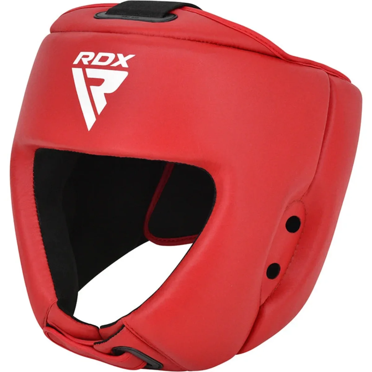 Rode RDX bokshelm met wit logo en zwart interieur.