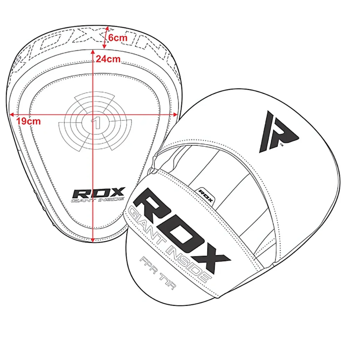 Een paar witte RDX focus mitts met afmetingen en het RDX-logo.