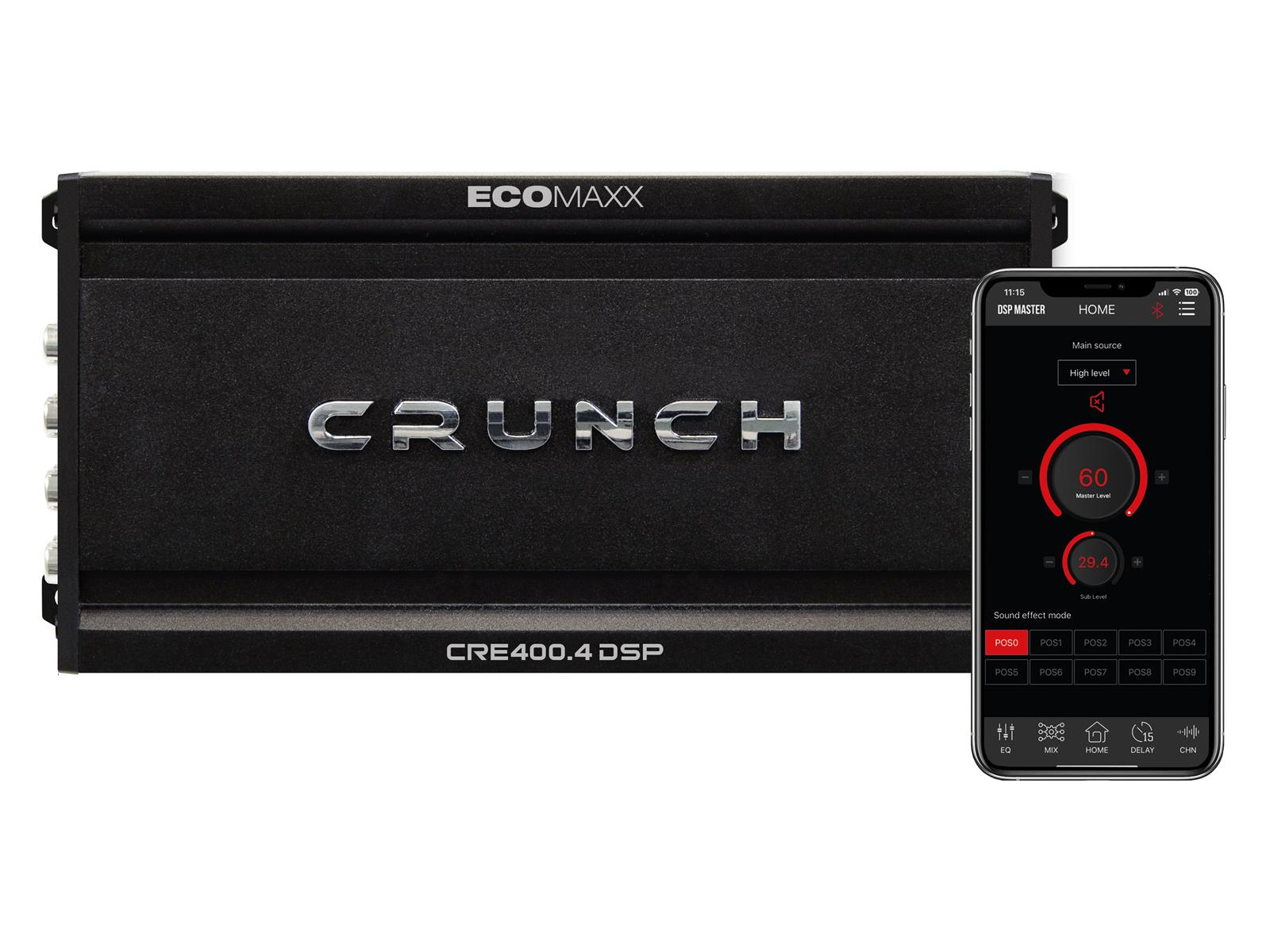 Schwarzer Auto-Audioverstärker mit der Marke Crunch. Ein Telefon zeigt die Steuerungs-App.