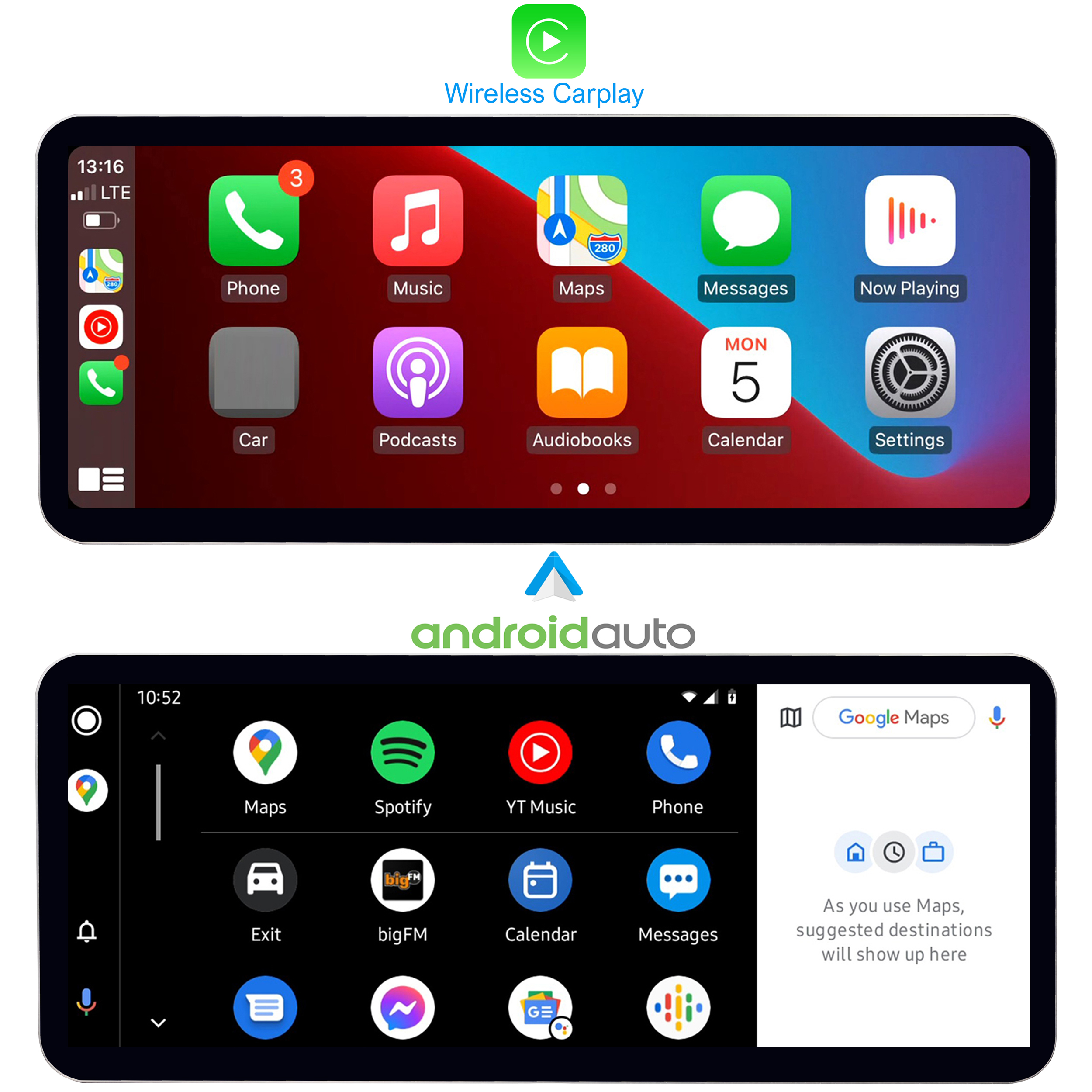 Tablet-Bildschirme mit Wireless CarPlay- und Android Auto-Oberflächen.