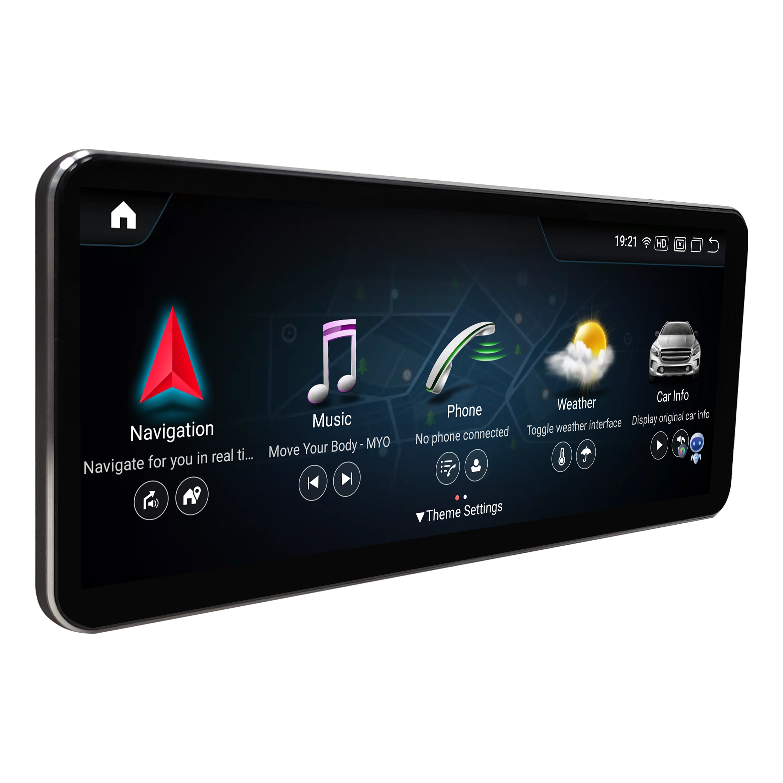 Auto-Dashboard-Bildschirm mit Symbolen für Navigation, Musik, Telefon und Wetter, auf weißem Hintergrund.