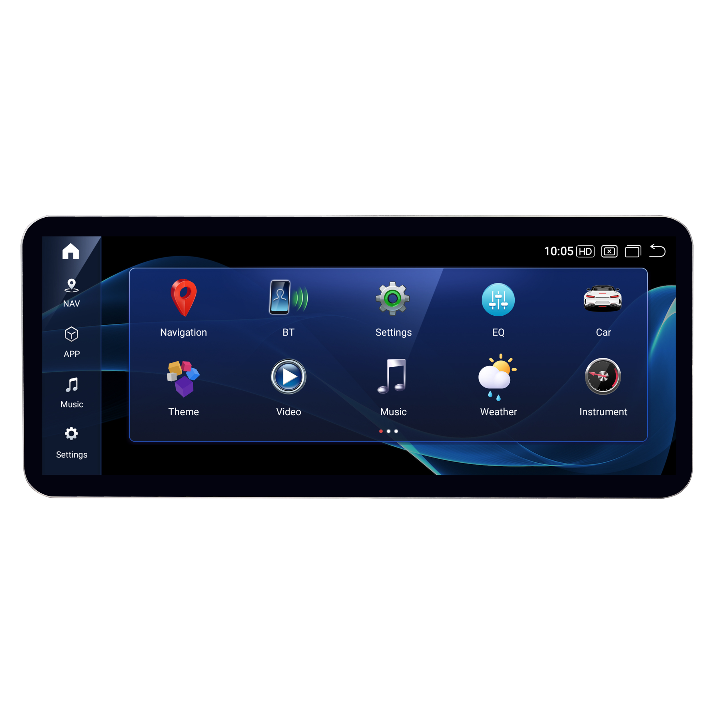 Autoradio mit Touchscreen, der Navigation, BT, Einstellungen usw. zeigt.