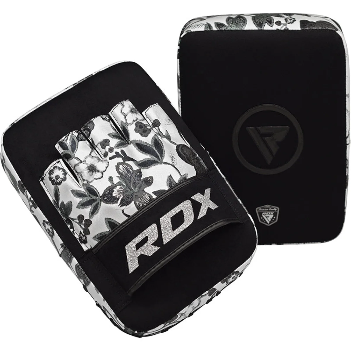 Boxing pads with a floral design. Black and silver. One is angled, the other upright.