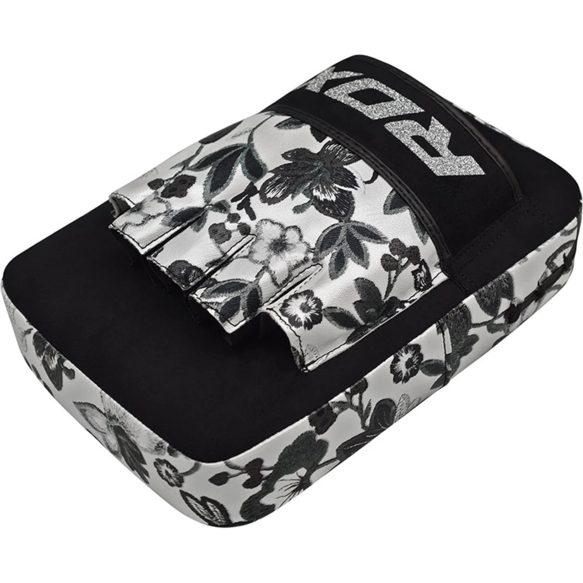 Black and white floral RDX kickboxing pad with silver logo and handle.