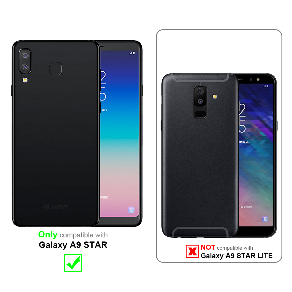Due custodie nere per telefono. Una per Galaxy A9 STAR, l'altra non per Galaxy A9 STAR LITE.