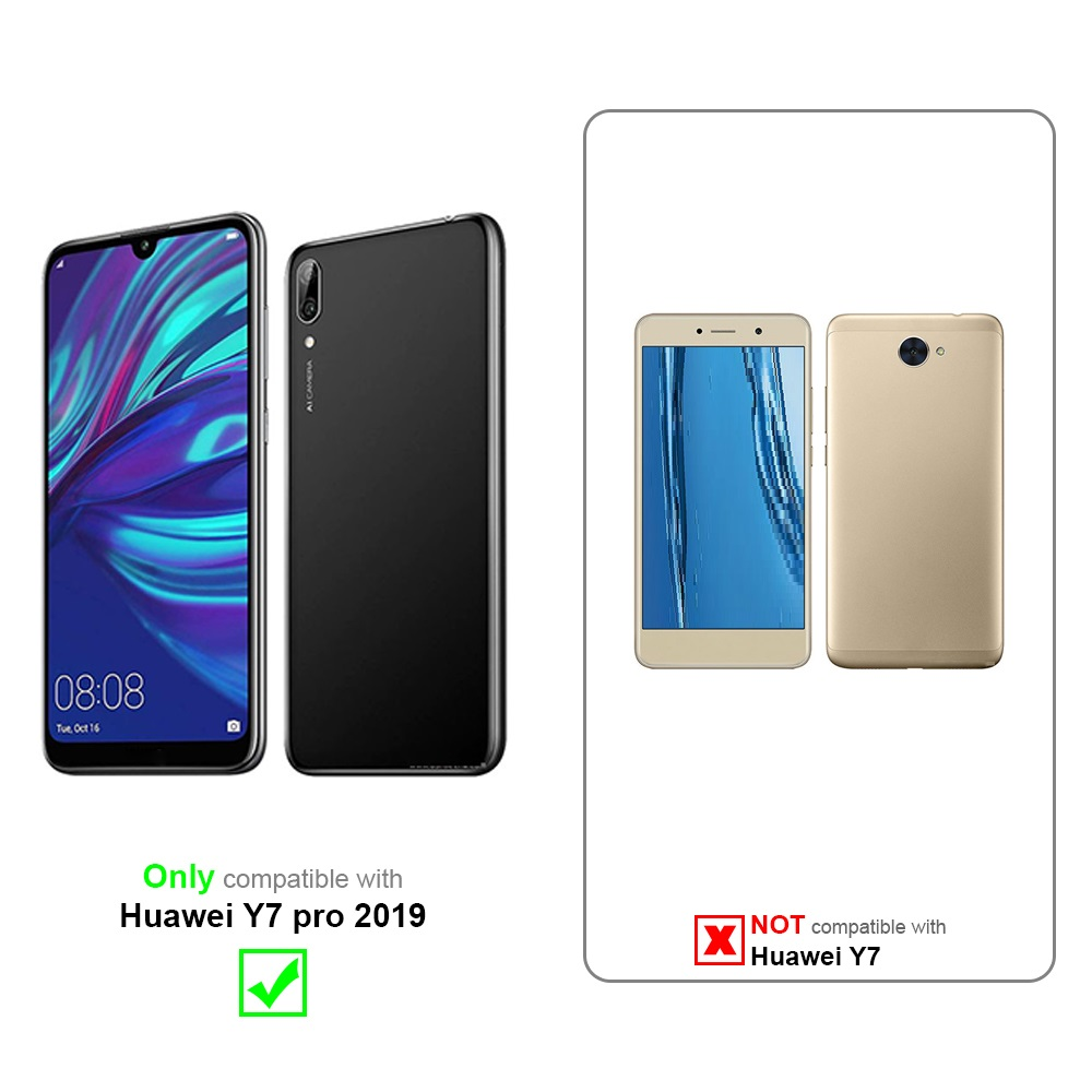 Zwei Telefone, ein schwarzes und ein mit Huawei Y7 pro 2019 kompatibles, nicht mit Huawei Y7 kompatibles Telefon.