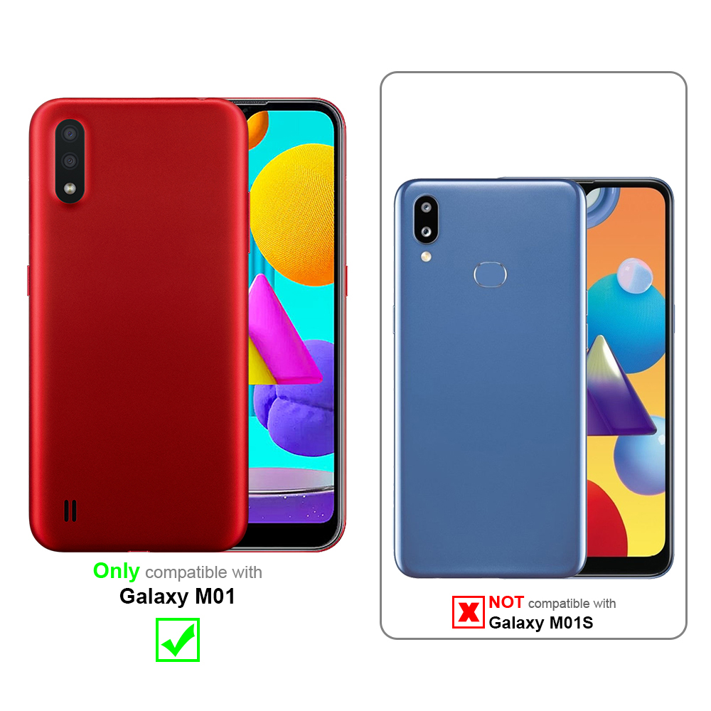 Due telefoni. Custodia rossa a sinistra, compatibile solo con Galaxy M01. Custodia blu a destra, non compatibile.