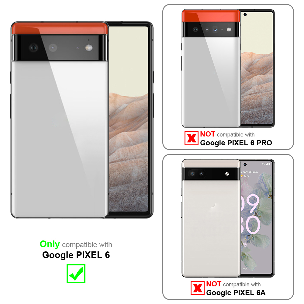 Vergleich der Telefonhüllenkompatibilität. Nur Google Pixel 6 ist kompatibel, Pixel 6 Pro & 6A nicht.