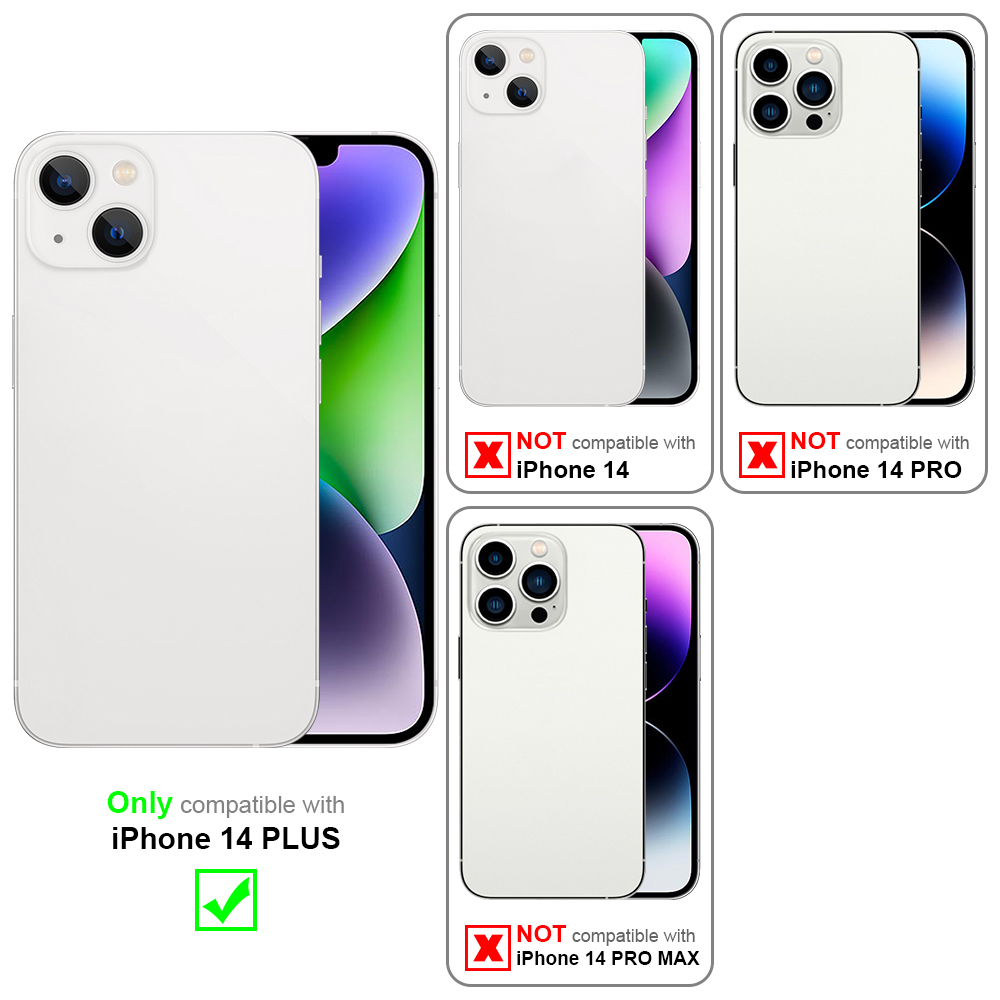 Vier Handyhüllen werden angezeigt. Eine für iPhone 14 Plus ist hervorgehoben, andere sind nicht kompatibel.
