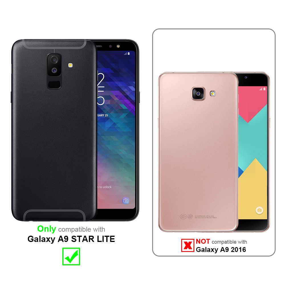 Custodia per telefono nera e un telefono oro rosa. Compatibile solo con Galaxy A9 STAR LITE.