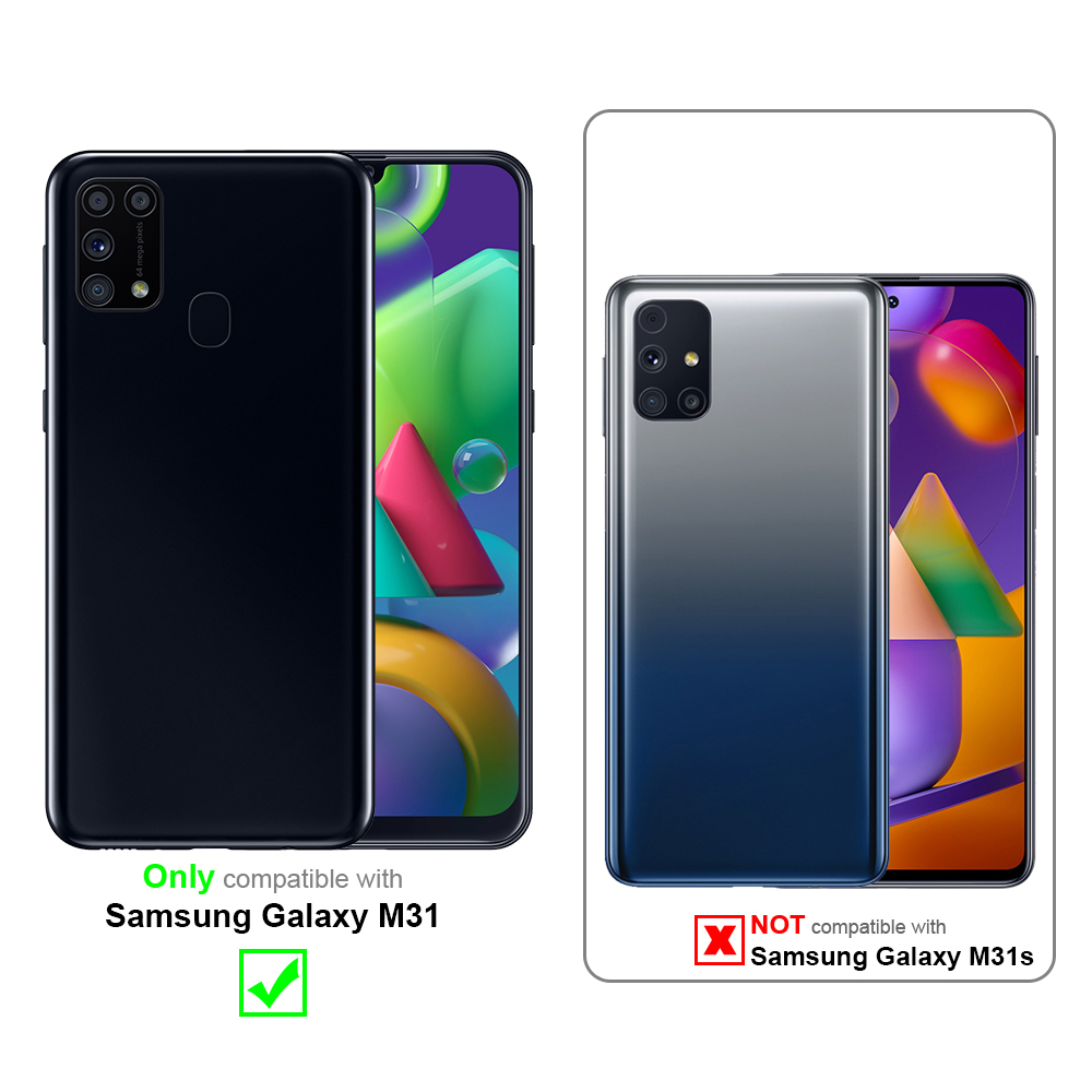 Due telefoni. Uno con custodia, compatibile con Samsung Galaxy M31.