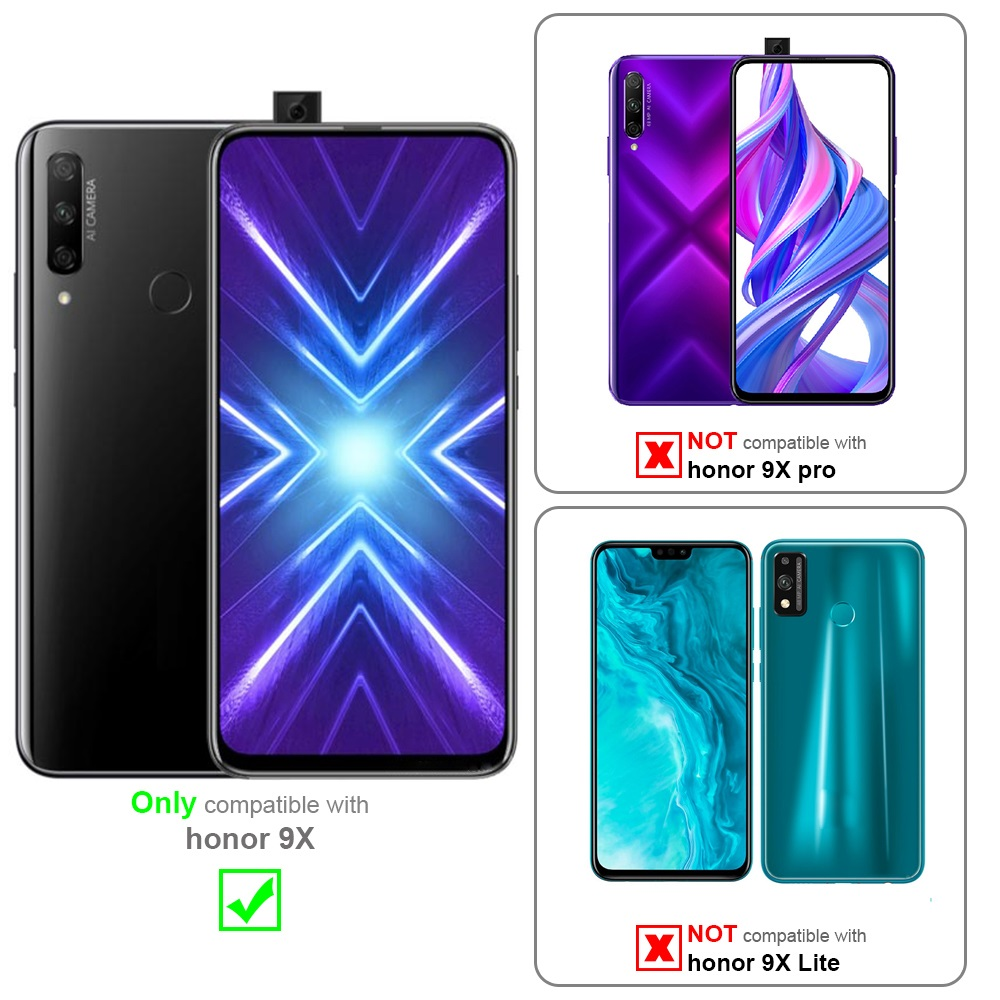 Due telefoni affiancati, nero e viola. Il nero è compatibile con Honor 9X.