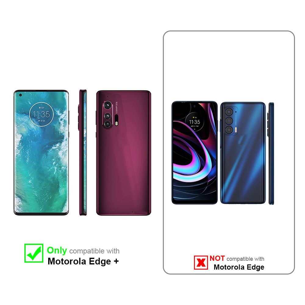 Due telefoni, uno bordeaux, uno blu, che mostrano la compatibilità solo con Motorola Edge+.