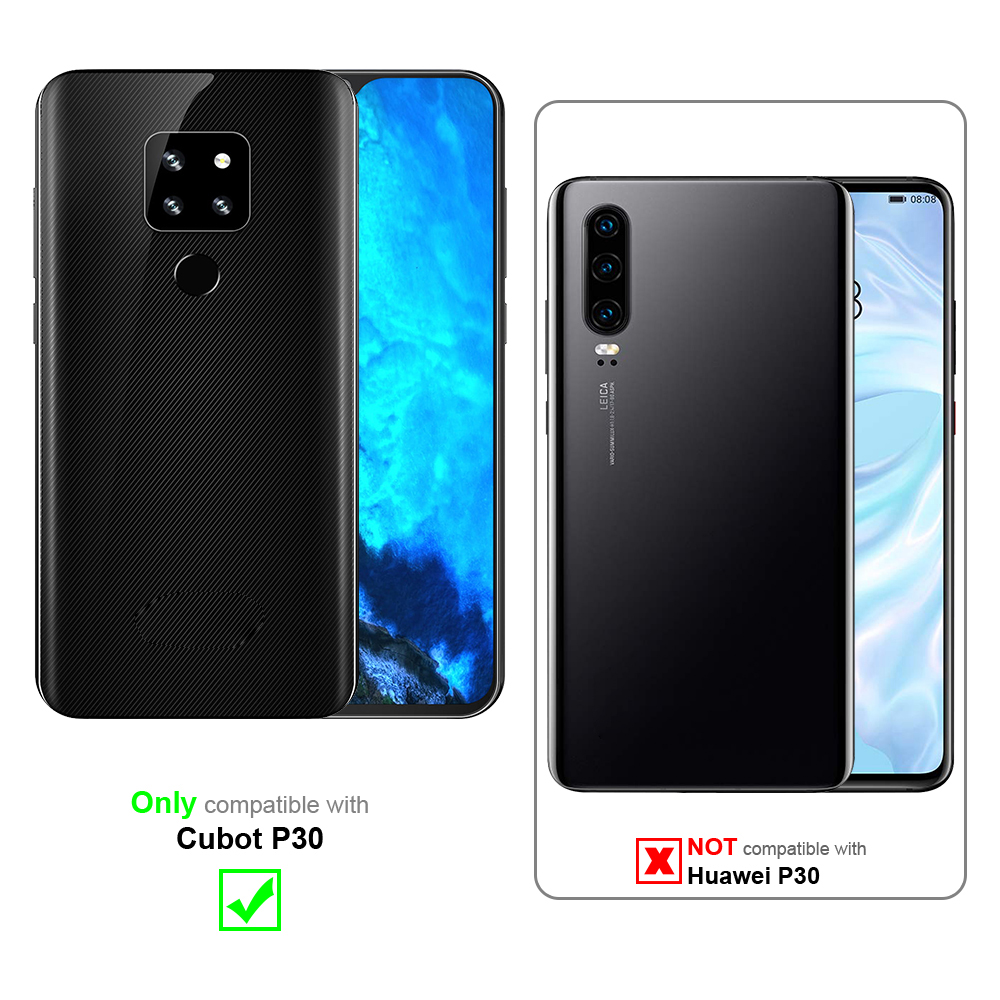 Due custodie nere per telefono. Una per Cubot P30, l'altra non per Huawei P30. Con etichette.