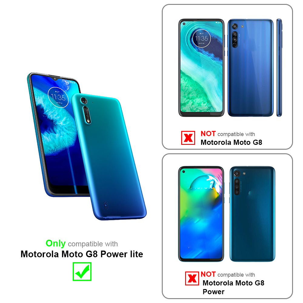 Custodie per telefono, due blu e una verde acqua. Testo: Compatibile con Motorola Moto G8 Power lite. Non G8 o Power.