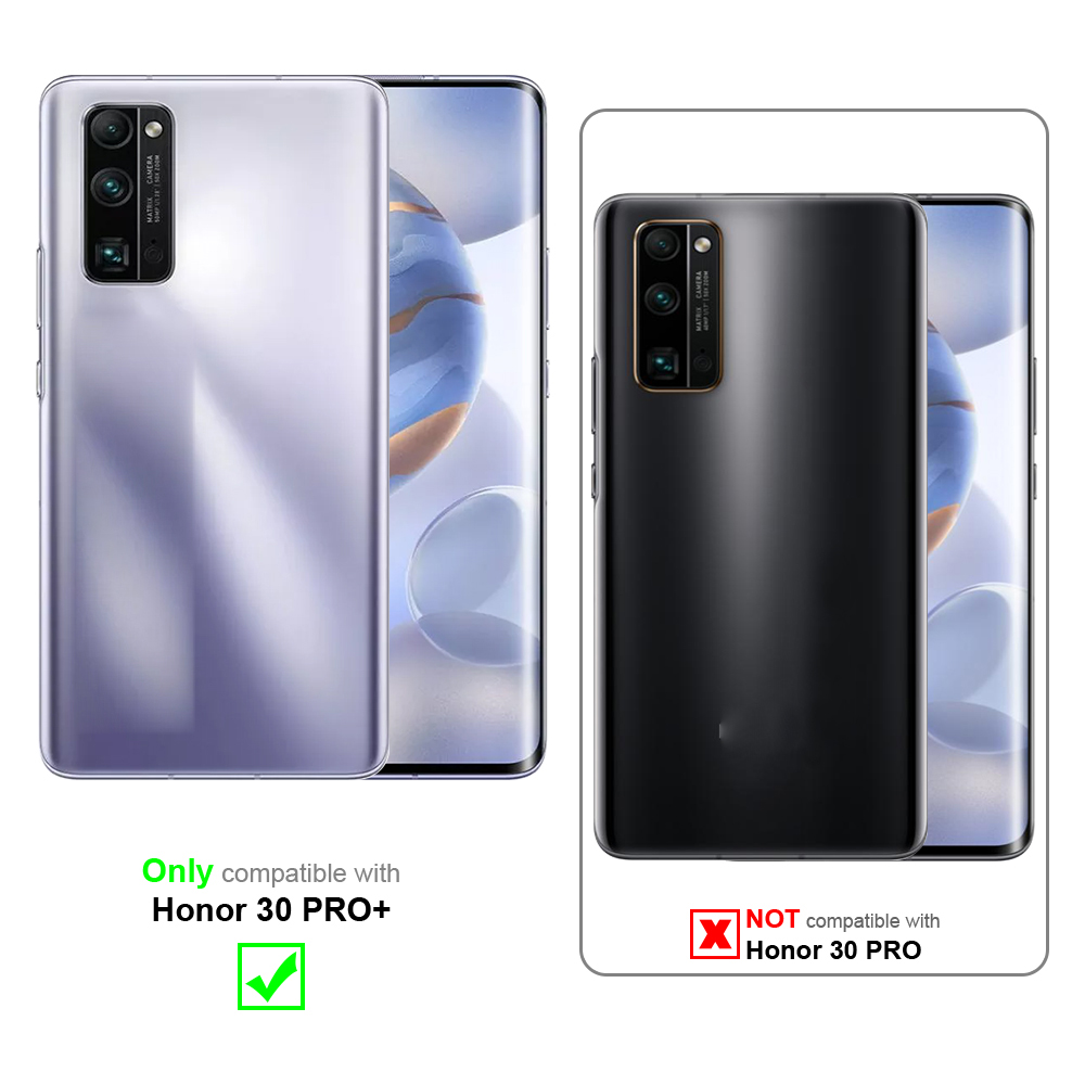Due telefoni, uno viola, uno nero, con etichette di compatibilità. Compatibile solo con Honor 30 PRO+, non con Honor 30 PRO.