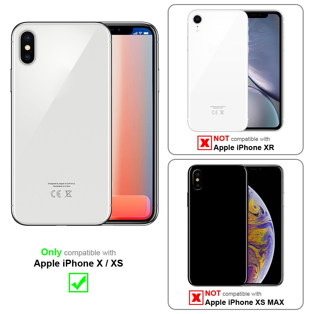 Diagramm zeigt Handyhüllen. Kompatibel: iPhone X/XS. Nicht kompatibel: XR/XS Max.