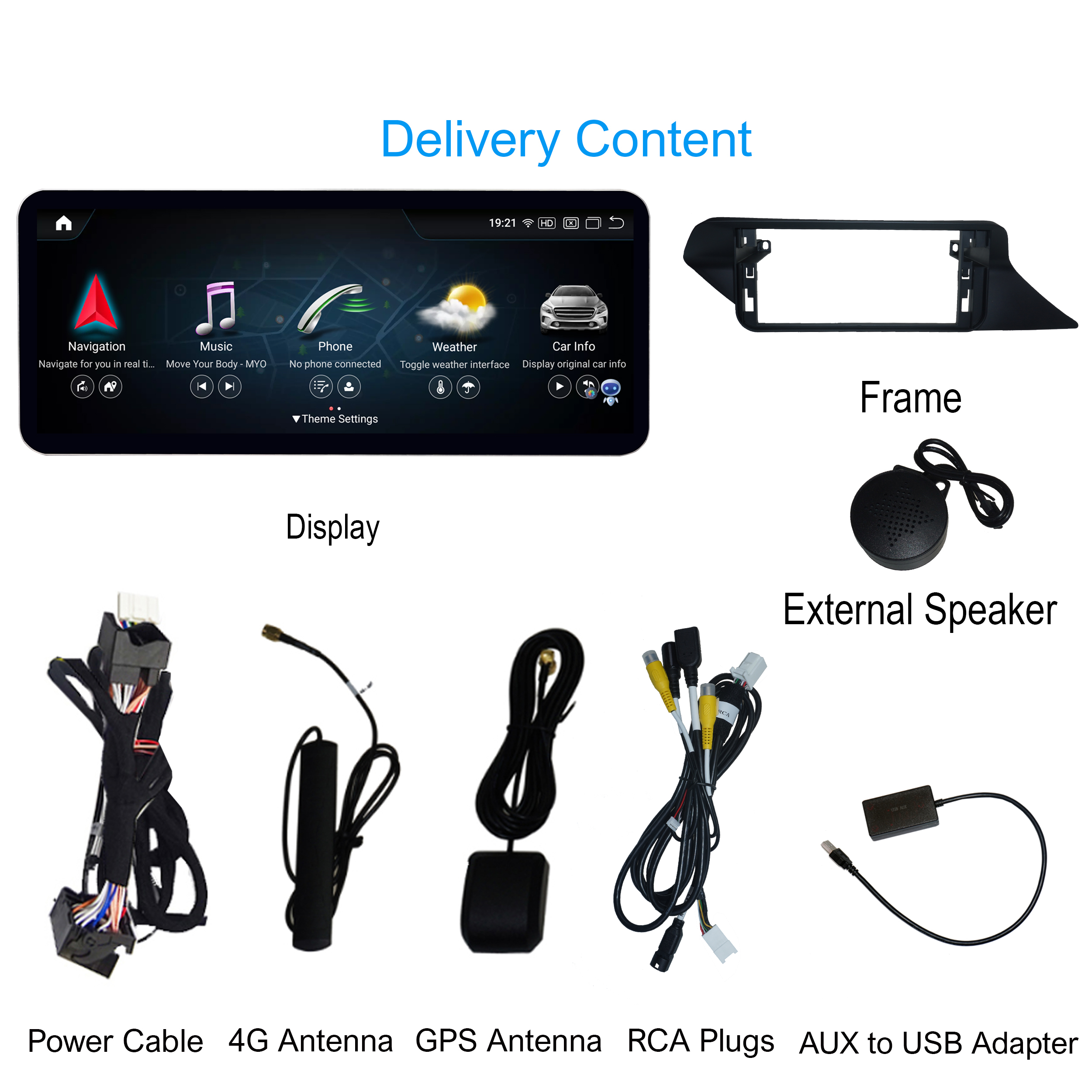 Bild zeigt Autostereoteile: Display, Rahmen, Lautsprecher, Stromkabel, Antennen, Cinch-Stecker und Adapter.