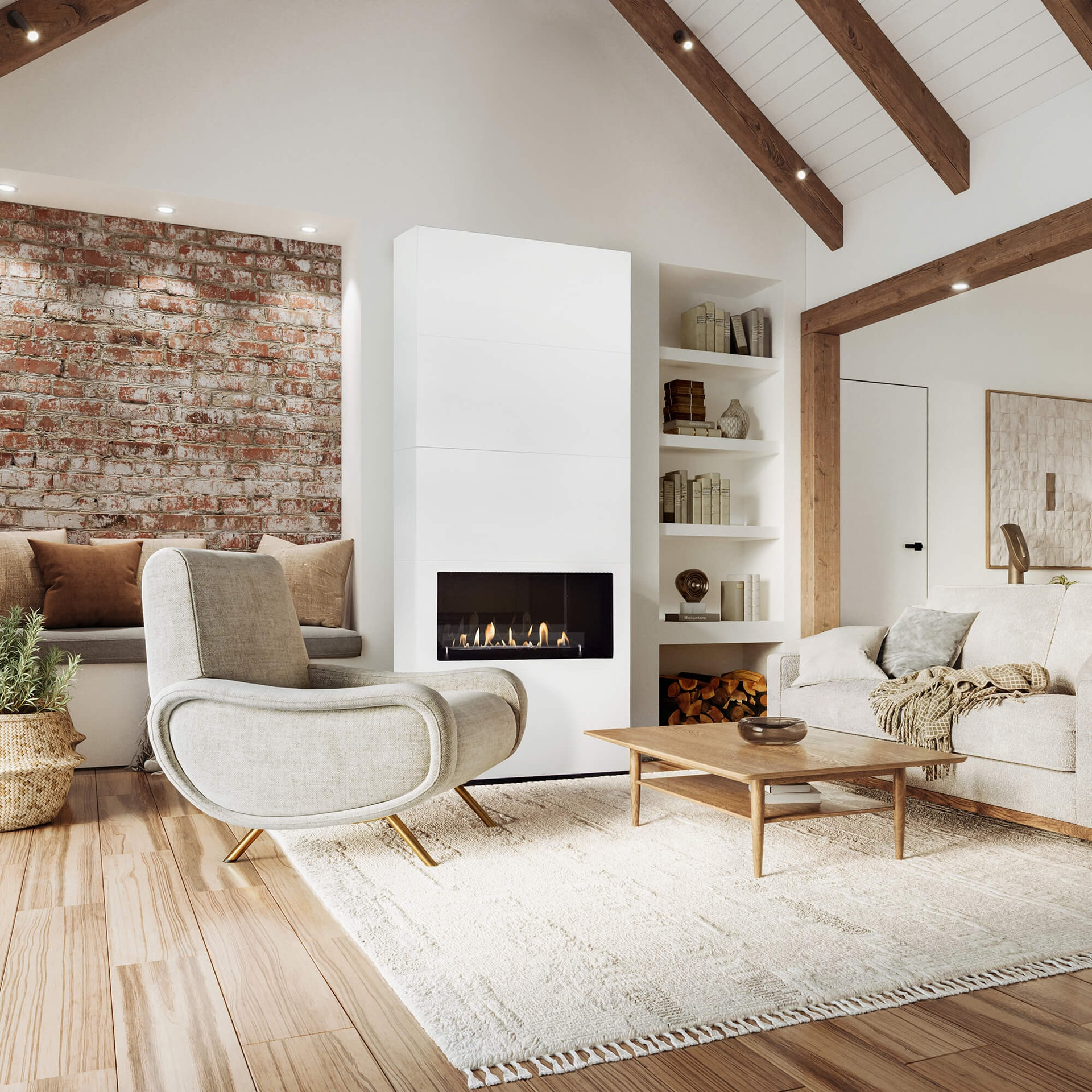 Woonkamer met open haard, fauteuil, bank, houten balken en bakstenen muur. De scène is goed verlicht en gezellig.
