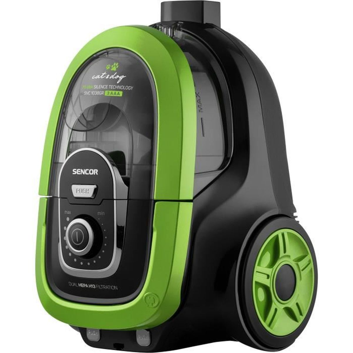Een groene en zwarte stofzuiger, met een transparant compartiment.