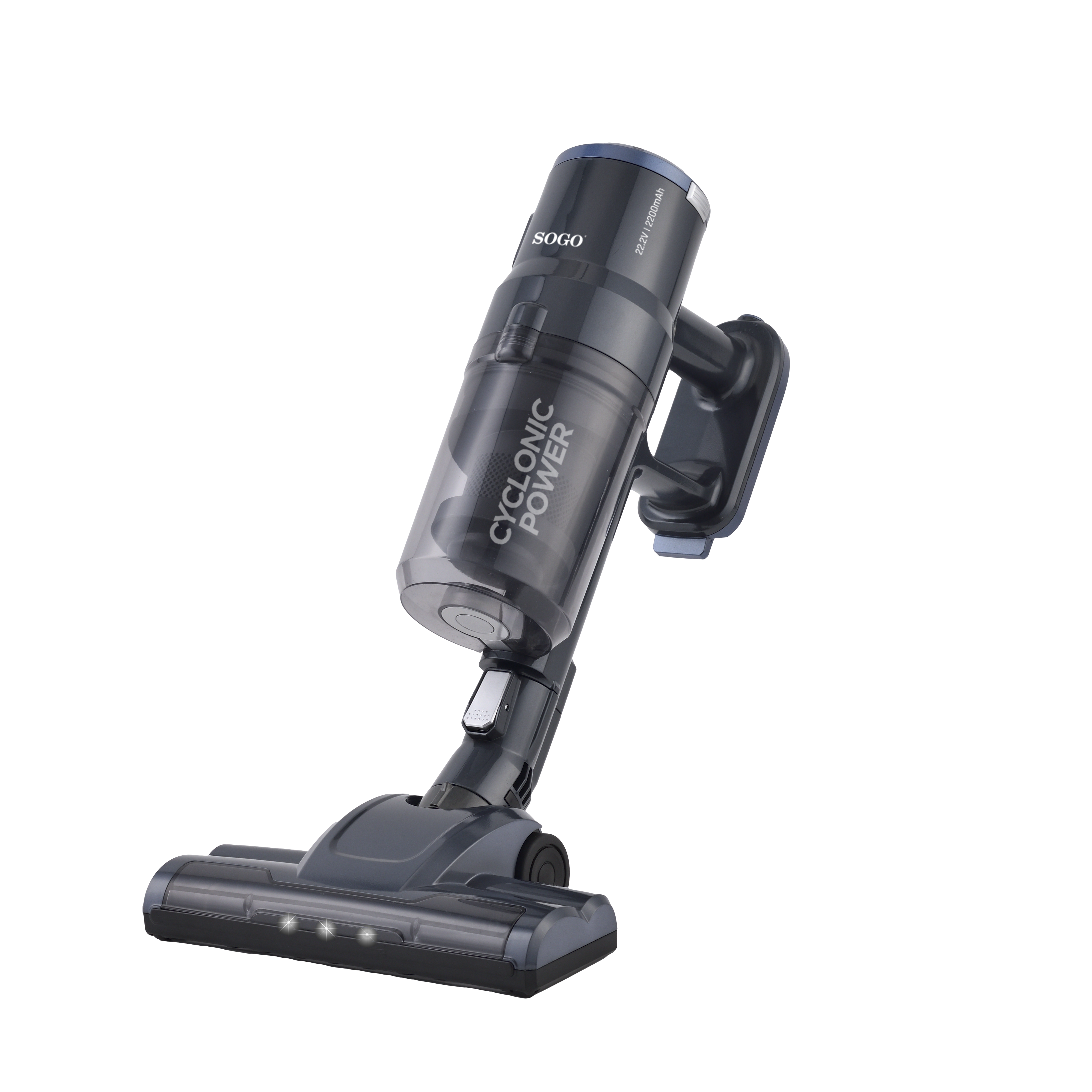 Un aspirapolvere portatile nero e grigio con le parole "CYCLONIC POWER".
