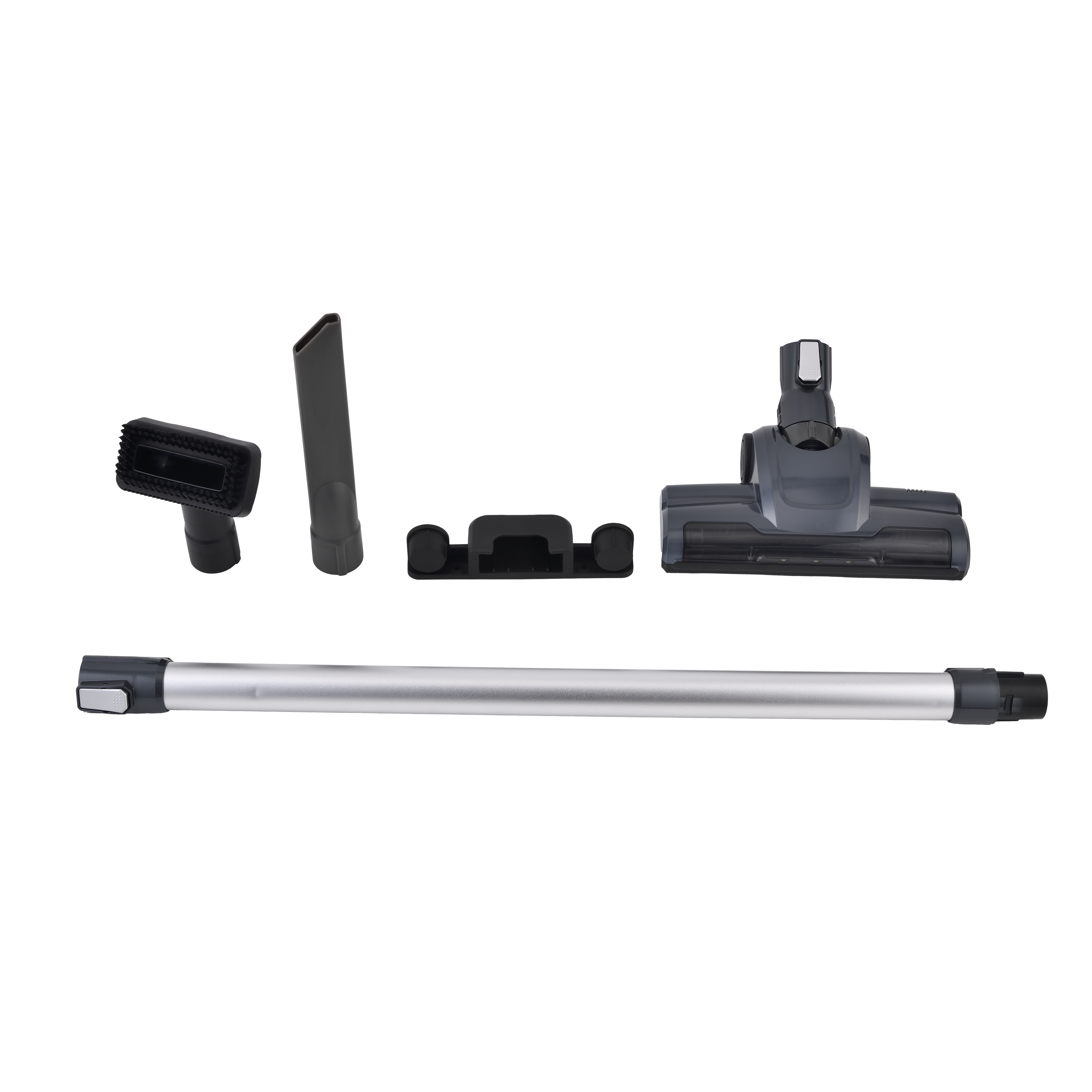 Accessori per aspirapolvere su sfondo nero. Include spazzole e tubo di prolunga.