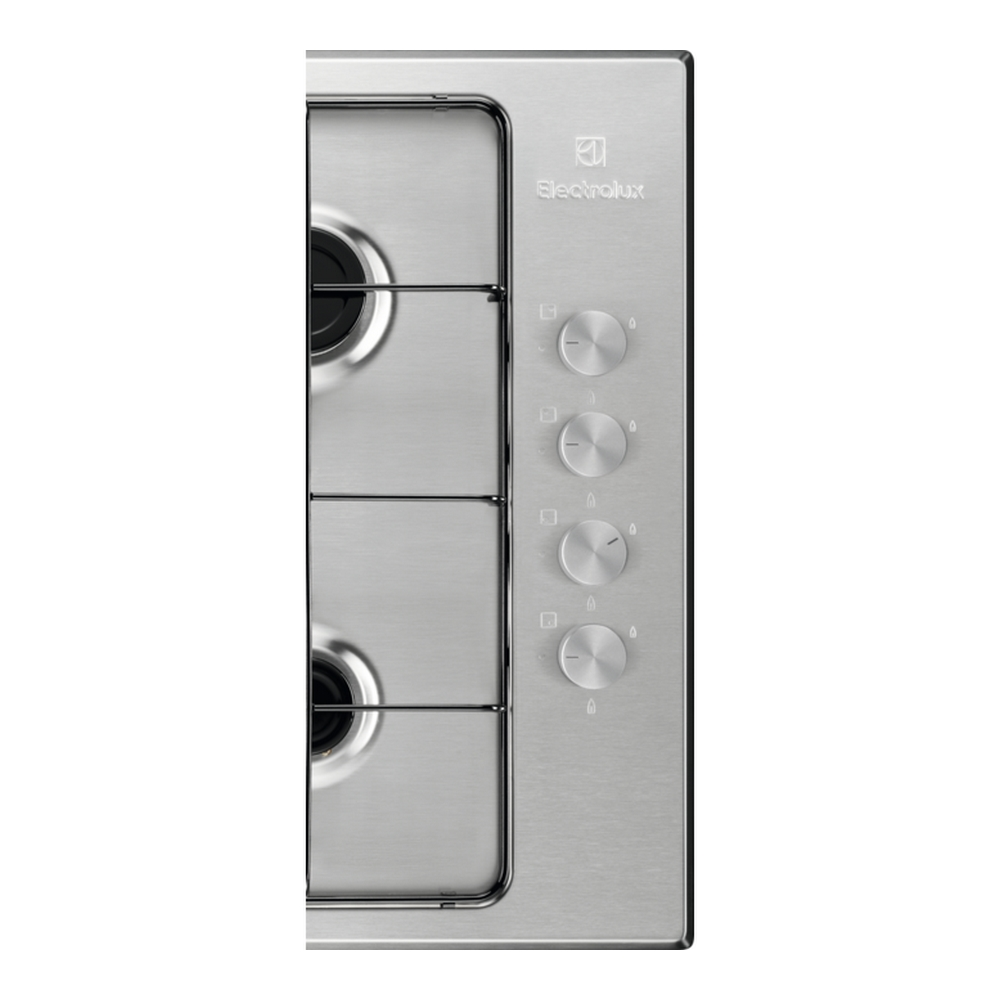 Zbliżenie panelu sterowania płyty gazowej z pokrętłami i logo Electrolux.