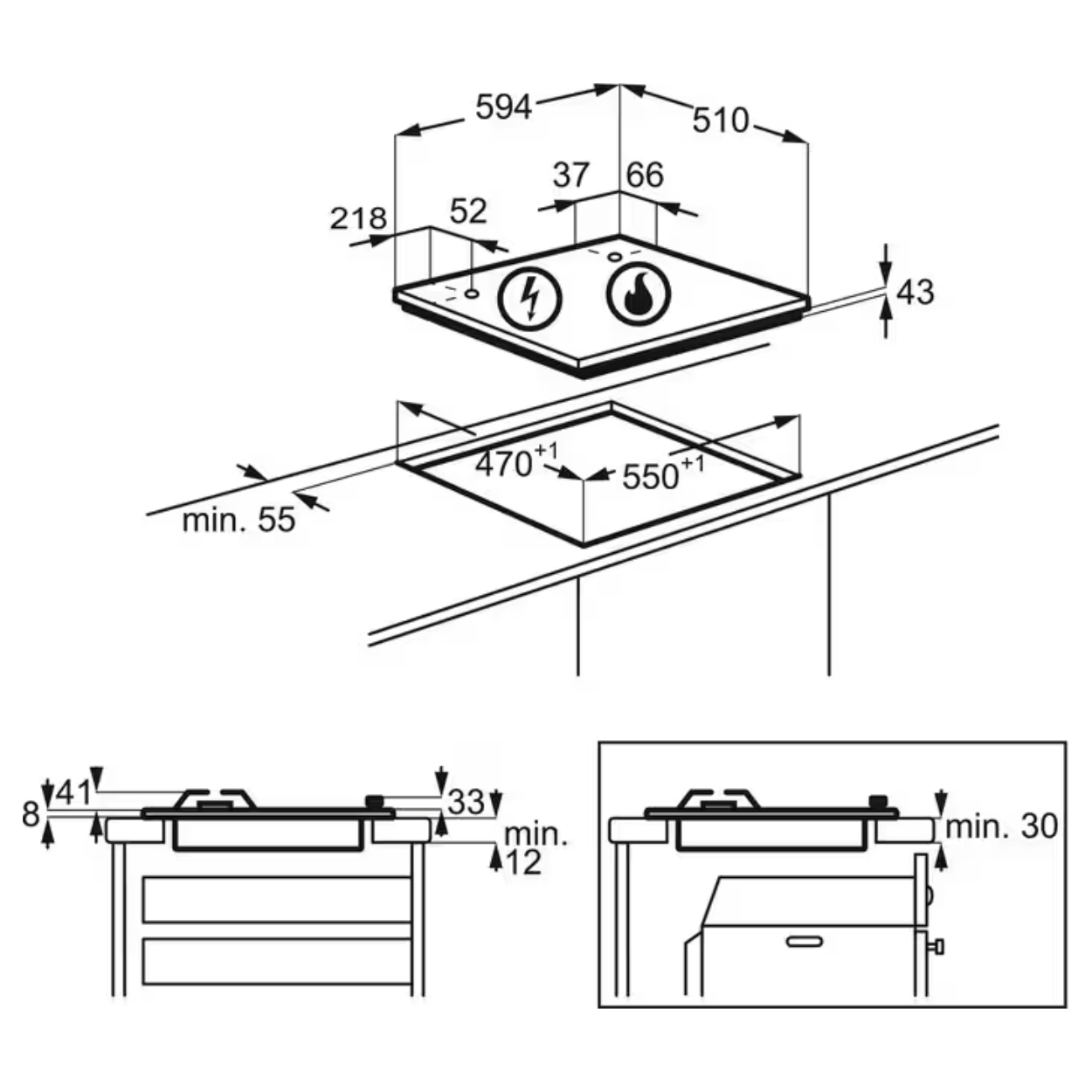 Rysunek techniczny płyty grzewczej do zabudowy z wymiarami i szczegółami montażu.