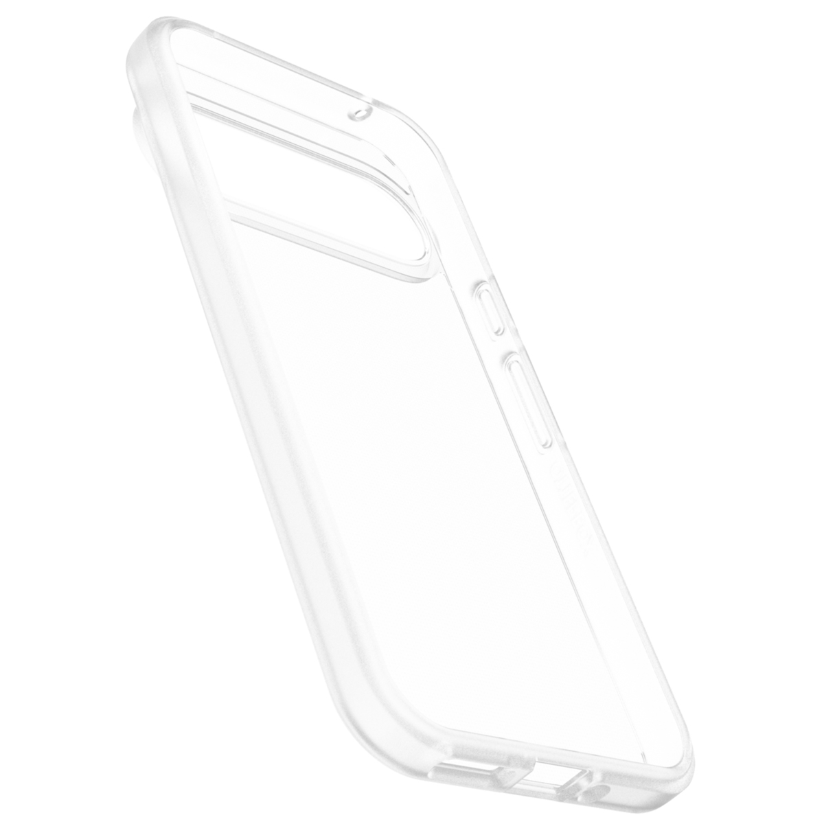 Custodia trasparente per telefono, angolata, con fori per fotocamera e pulsanti. Sfondo bianco.