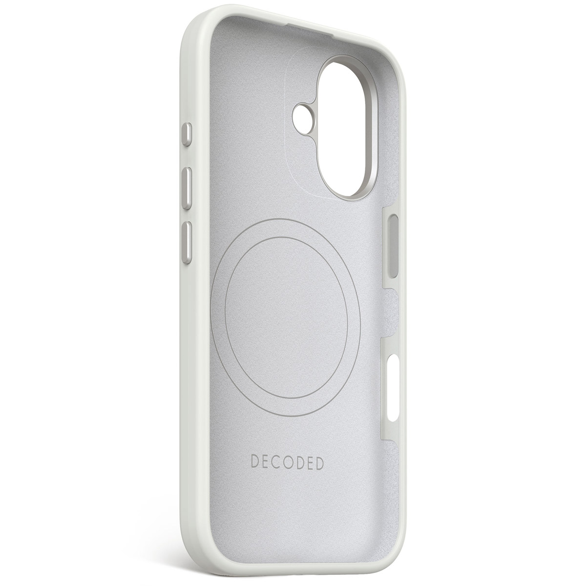 Een witte beschermhoes voor telefoon met een grijze binnenkant en het Decoded-logo.
