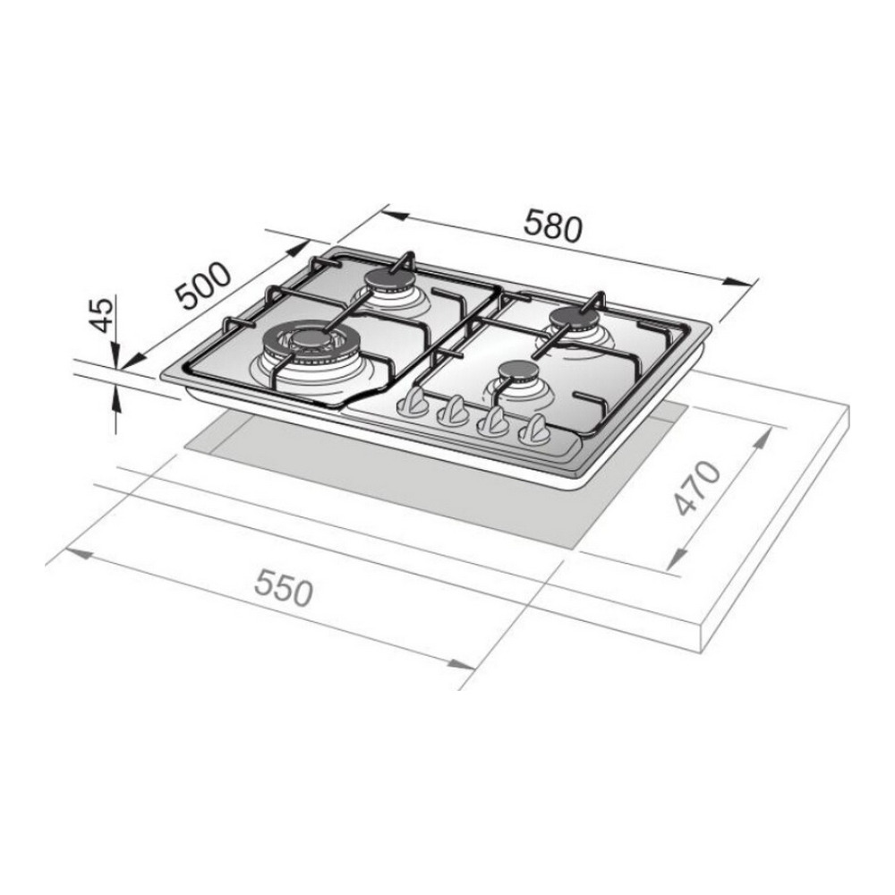 Schemat płyty gazowej z wymiarami, czterema palnikami i pokrętłami.
