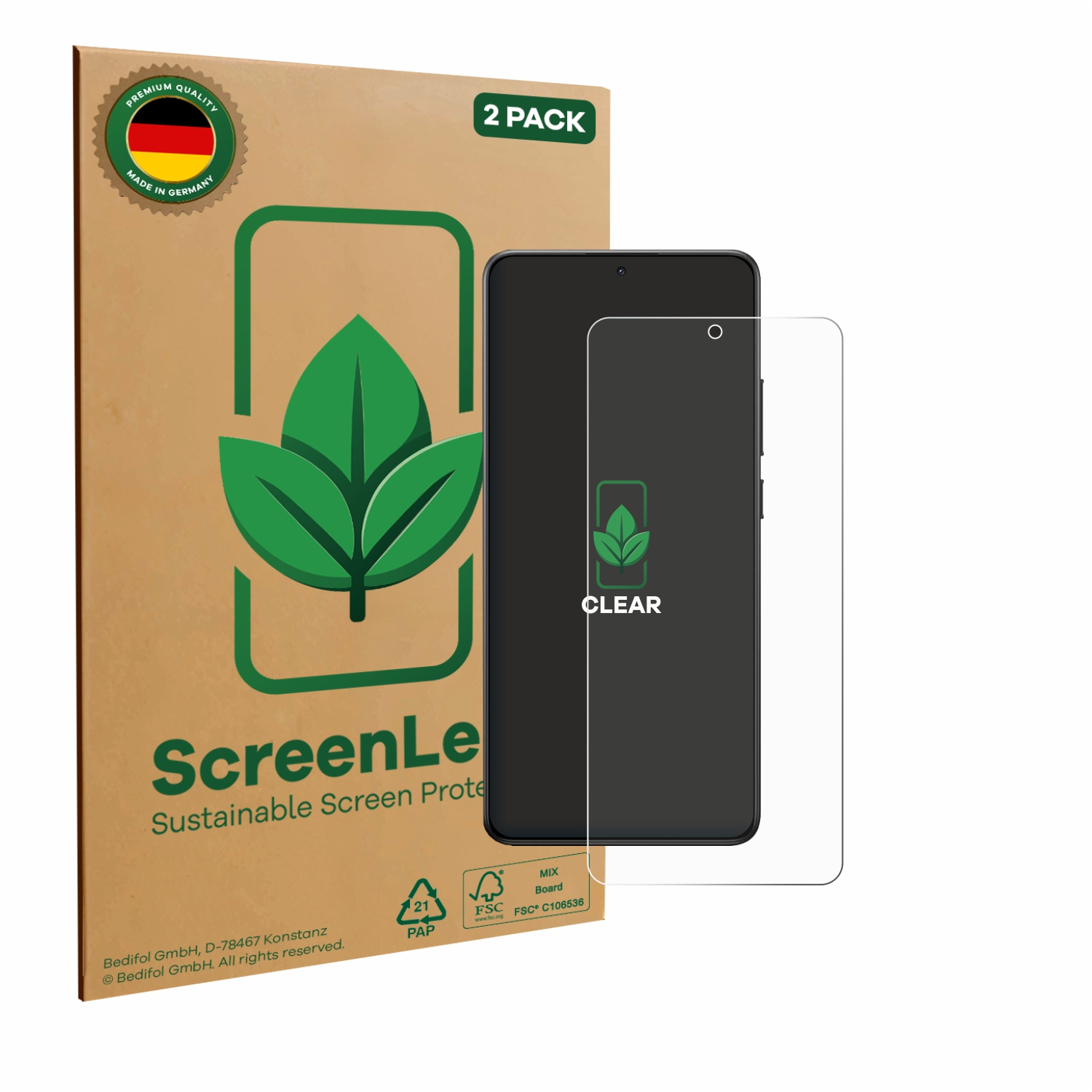 Displayschutzfolien-Box mit Telefon und Displayschutzfolie auf dem Telefon.