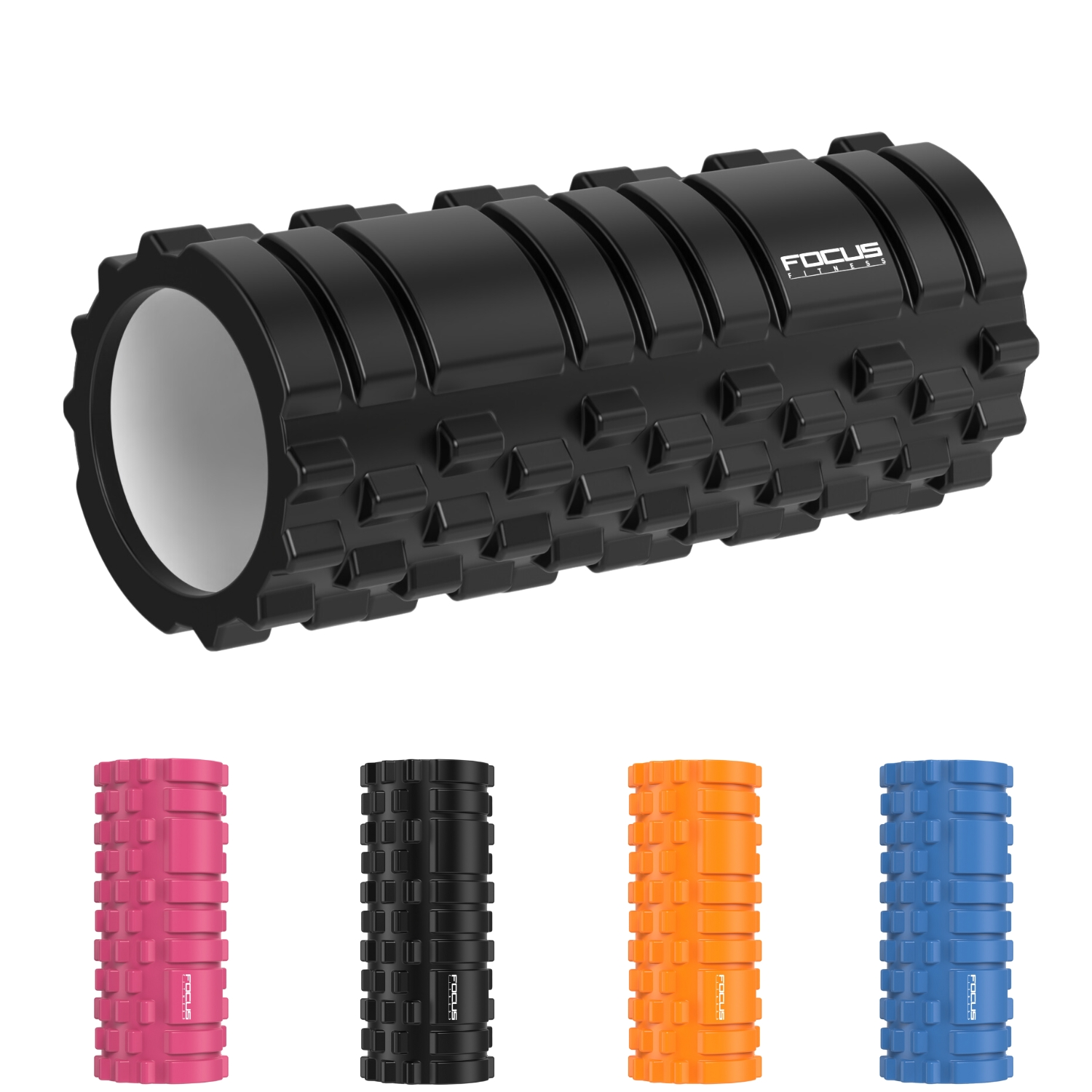 Black foam roller with FOCUS logo and three other colored rollers below.