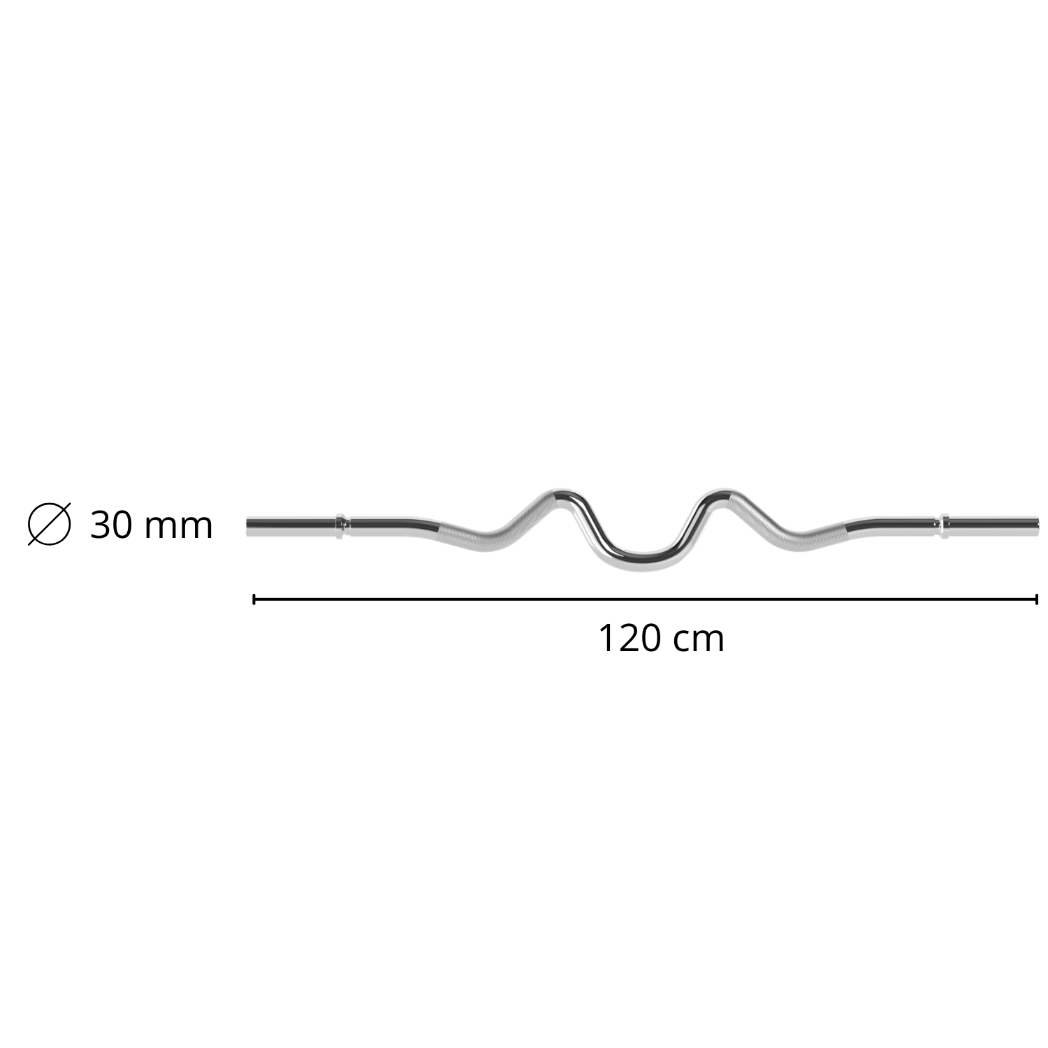A silver, wavy barbell with measurements, isolated on white.
