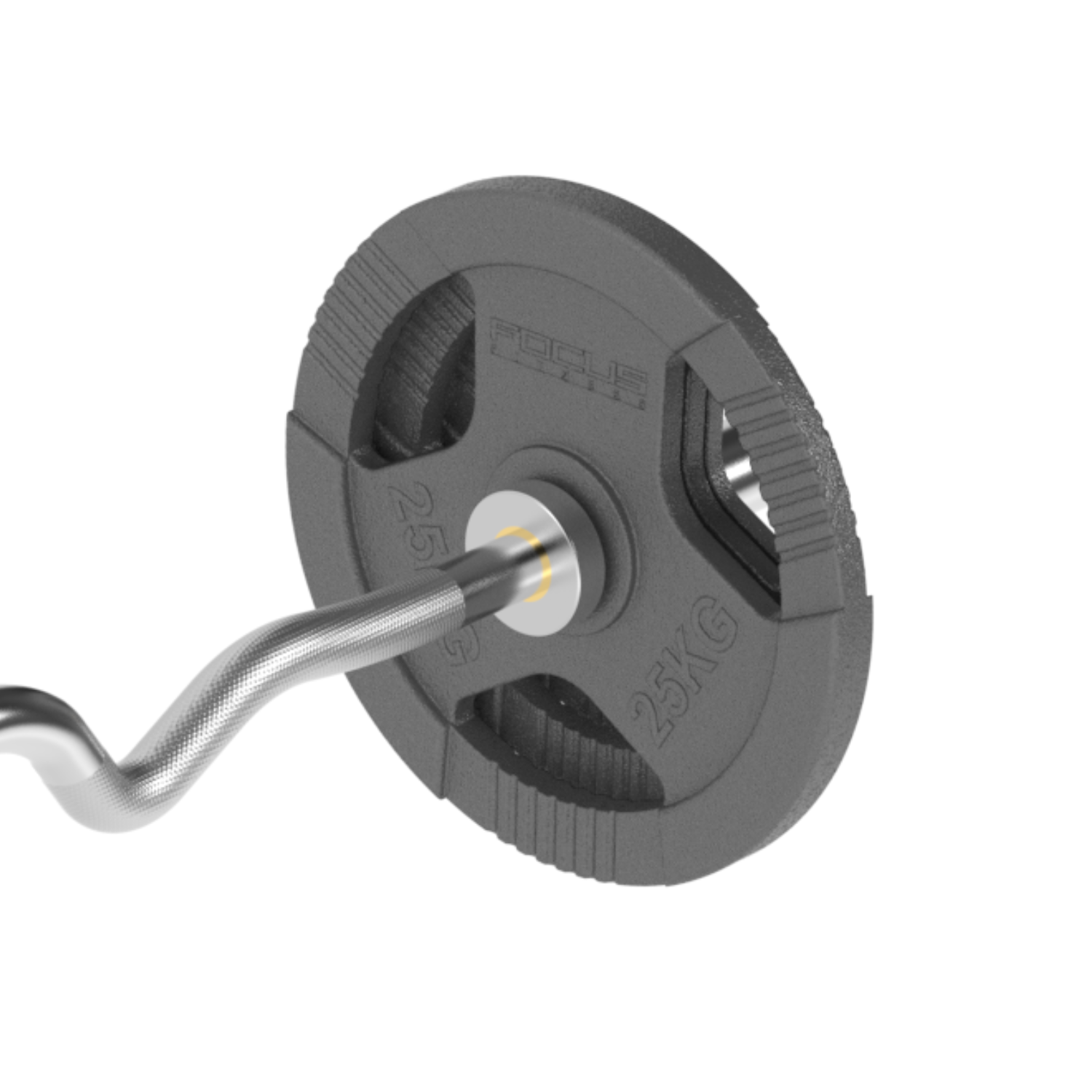 A 25kg weight plate on an EZ curl bar, with the focus logo visible, set against white.