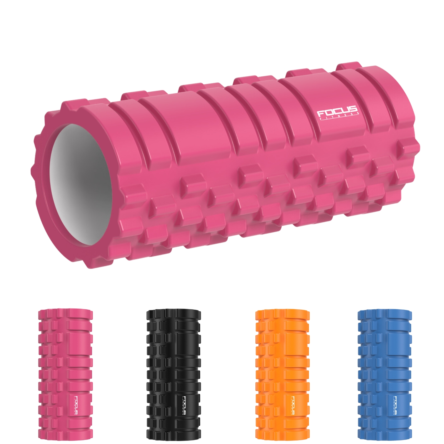 Een roze foamroller met een witte kern. Vier rollers in verschillende kleuren worden hieronder getoond.