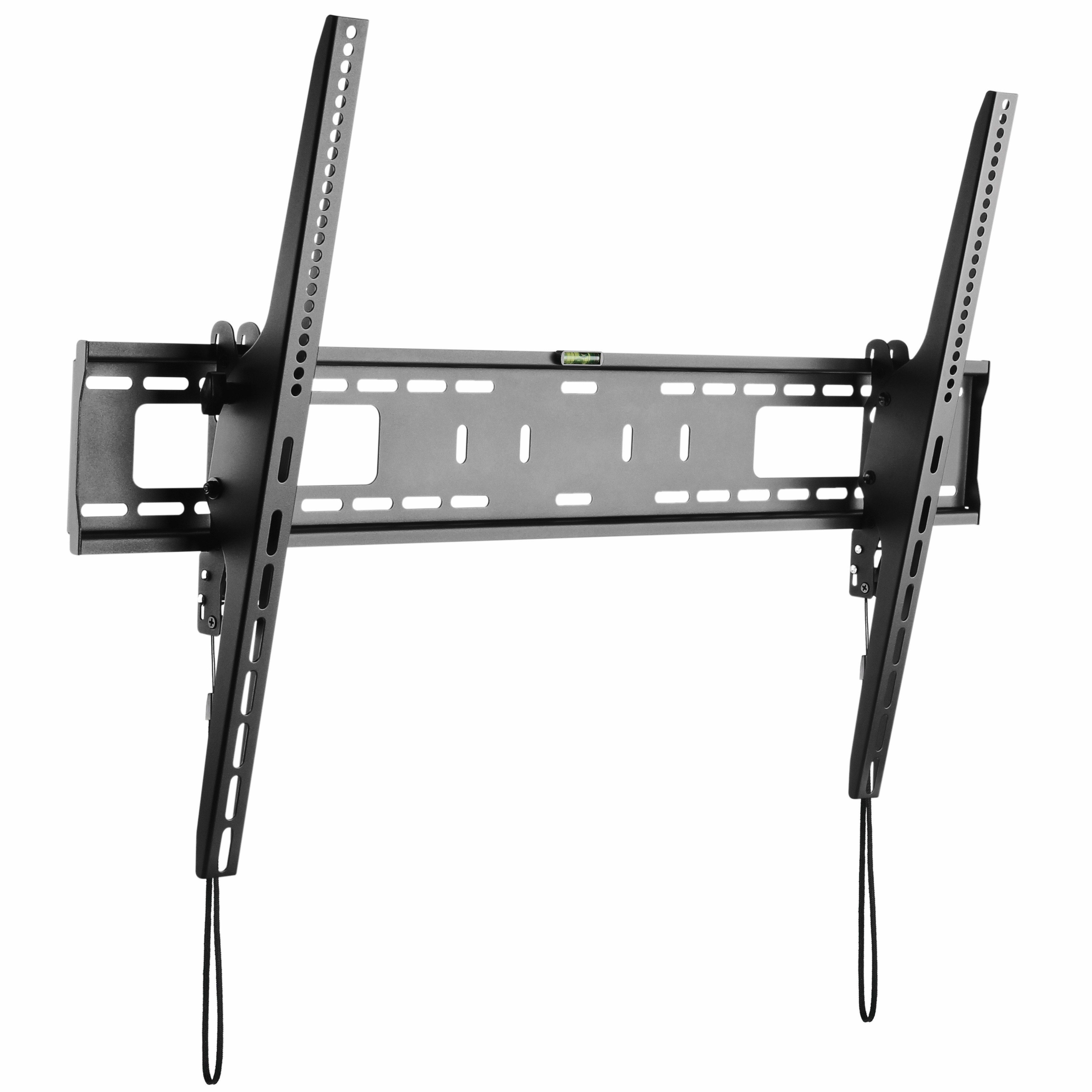 Eine schwarze TV-Wandhalterung. Sie hat zwei abgewinkelte Arme mit Kabelhaken und eine horizontale Montageplatte.