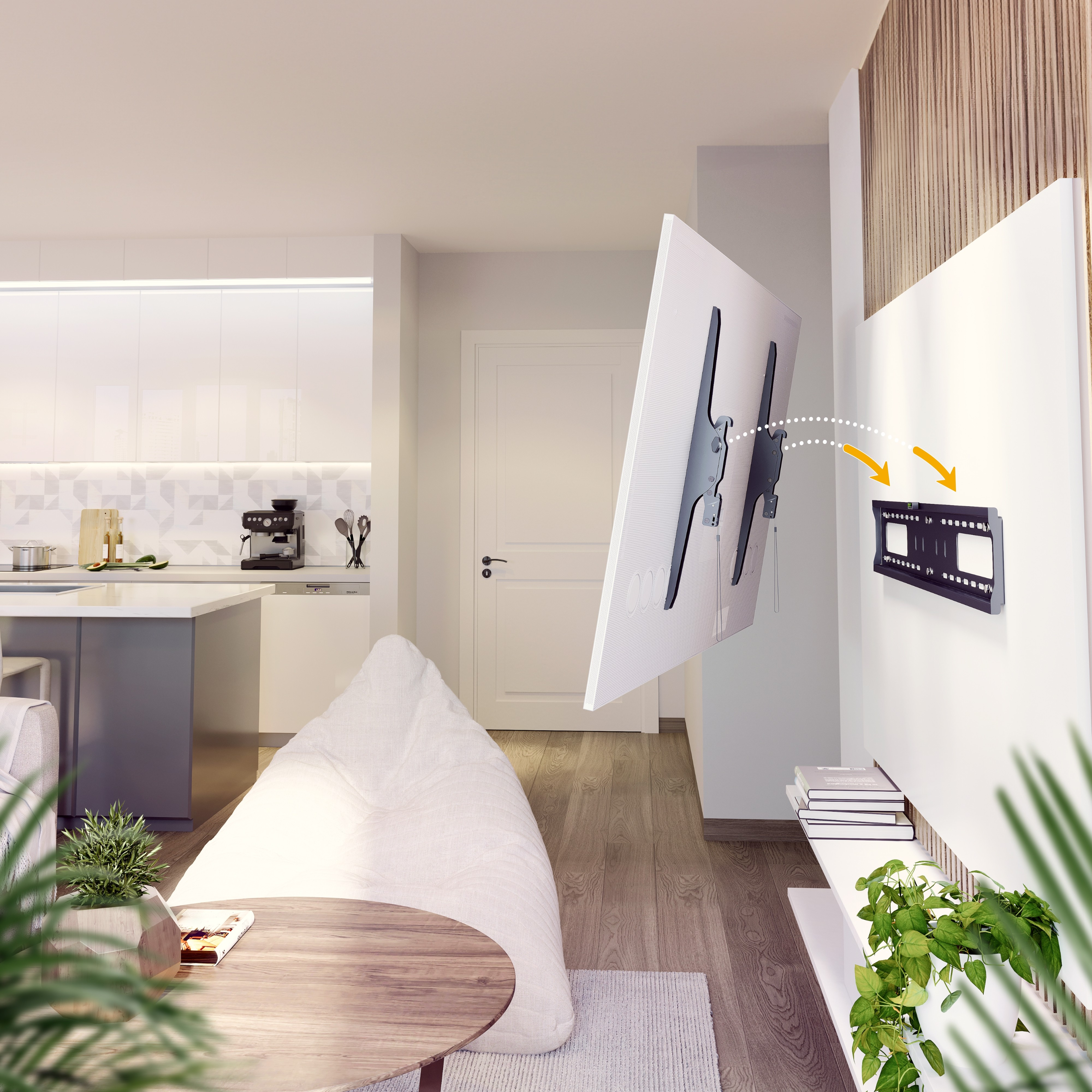 Ein modernes Wohnzimmer mit einem an der Wand montierten Fernseher. Ein weißes Sofa und Holzboden vervollständigen die Szene.