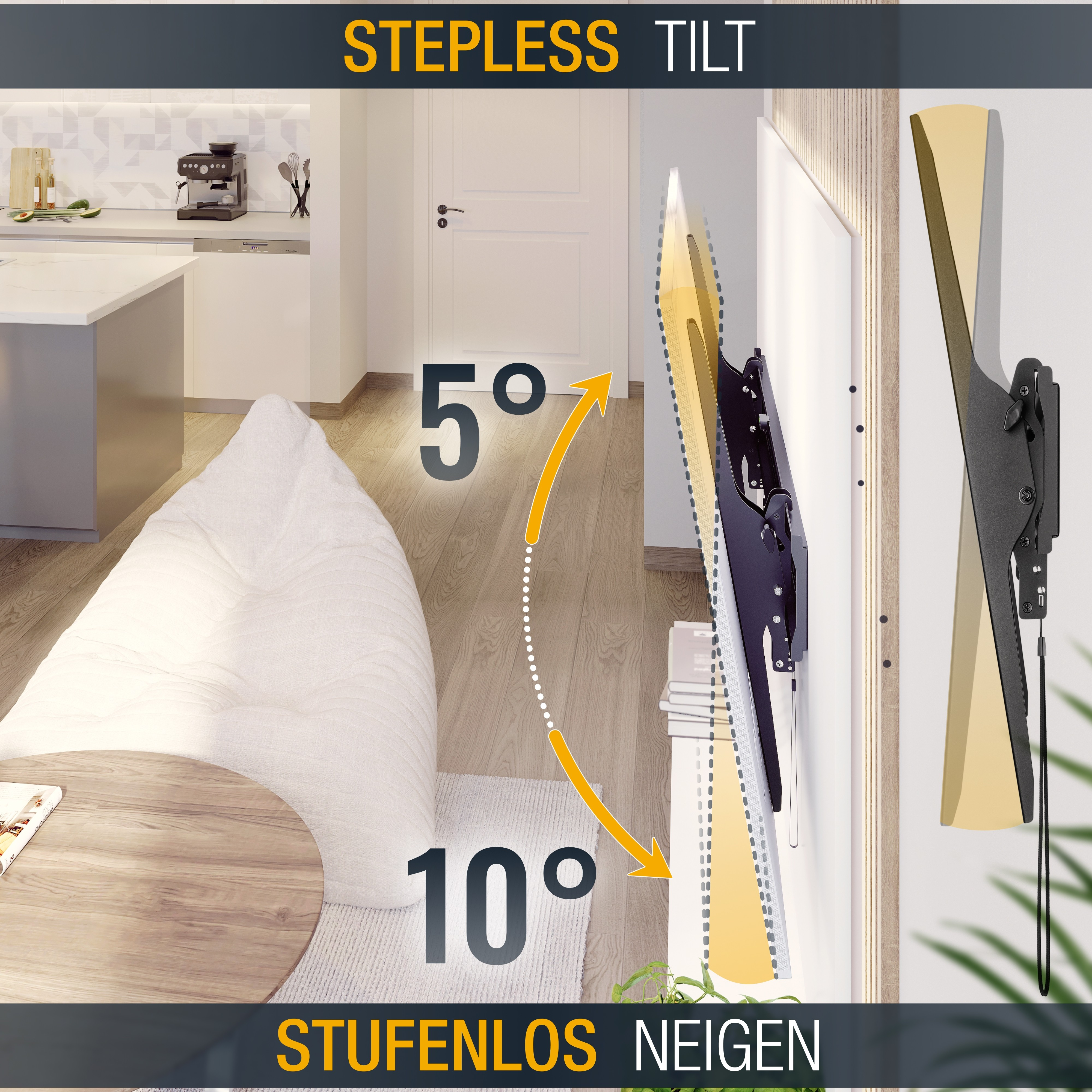 Wandhalterung für TV, einstellbare Neigungswinkel von 5 bis 10 Grad.