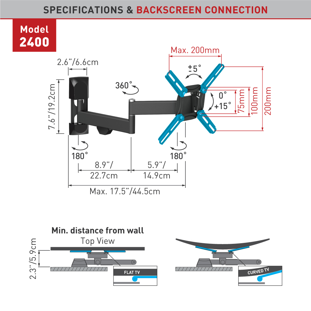 BARKAN Wandhalterung 33–99 cm - Flach & Gebogen TV - Schwenkbar & Neigbar - Blickwinkel einstellbar TV-Wandhalterung, Schwarz