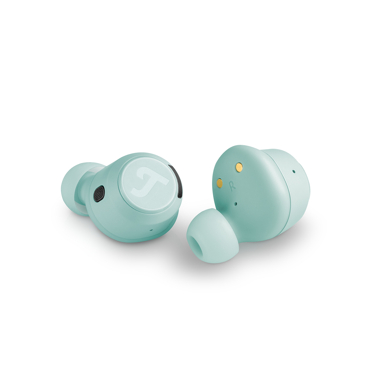 Dwie miętowo-zielone bezprzewodowe słuchawki douszne. Jedna jest w etui, a druga poza nim.