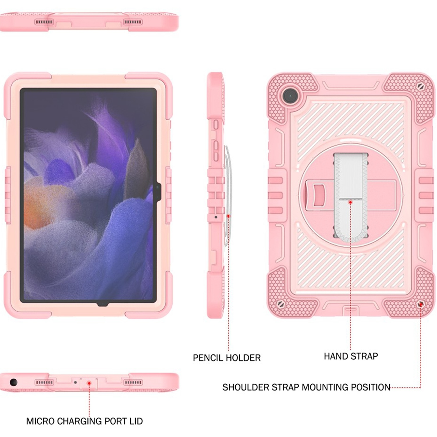 Eine rosa Tablethülle mit verschiedenen Schutzdesign-Merkmalen.